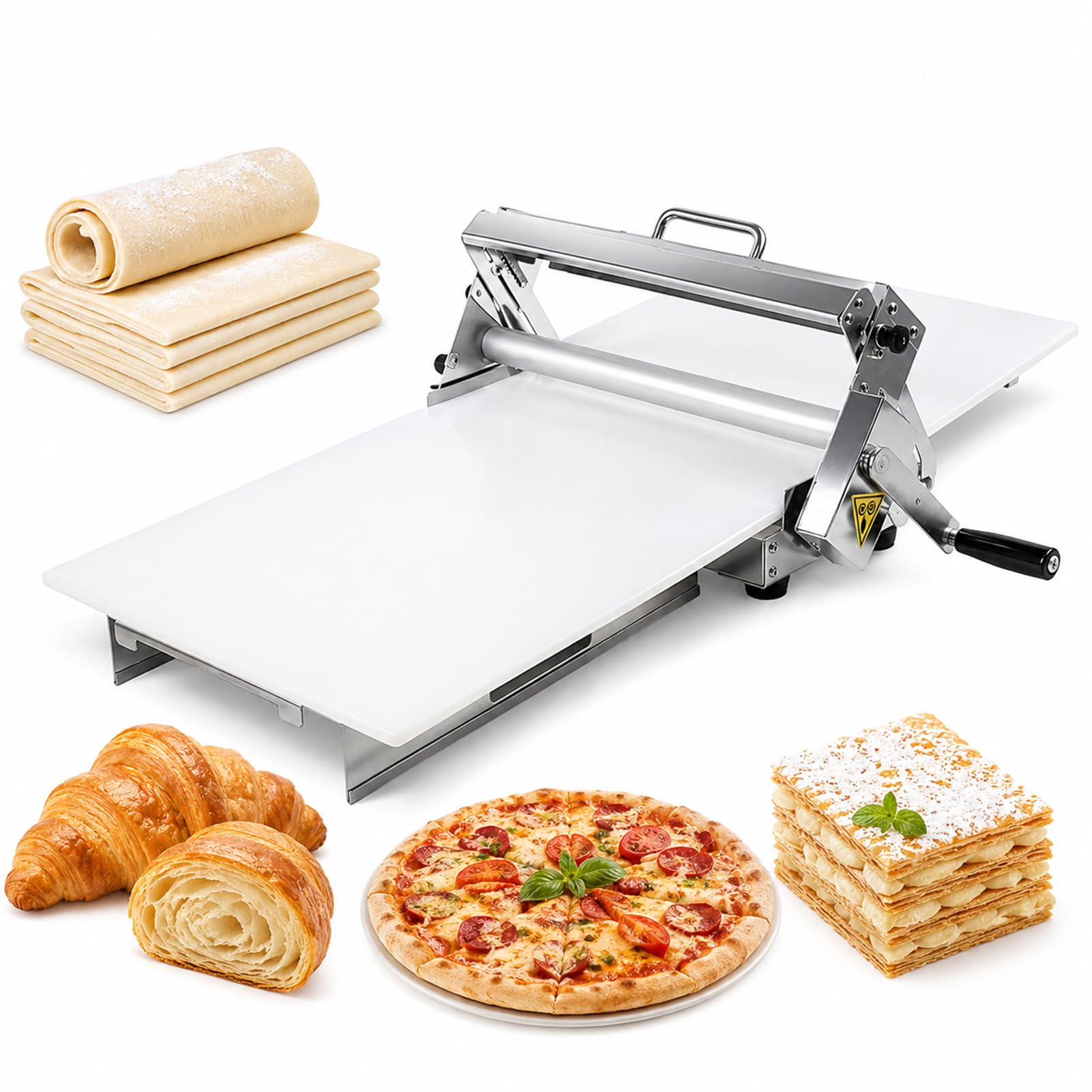 Suyaoquant Folding Dough Sheeter Machine, Manual Dough Sheeter Machine, Stainless Steel Pastry Roller with Adjustable Thickness 0-25mm, for Bakery, Pizza, Croissant, Fondant Table Top Design