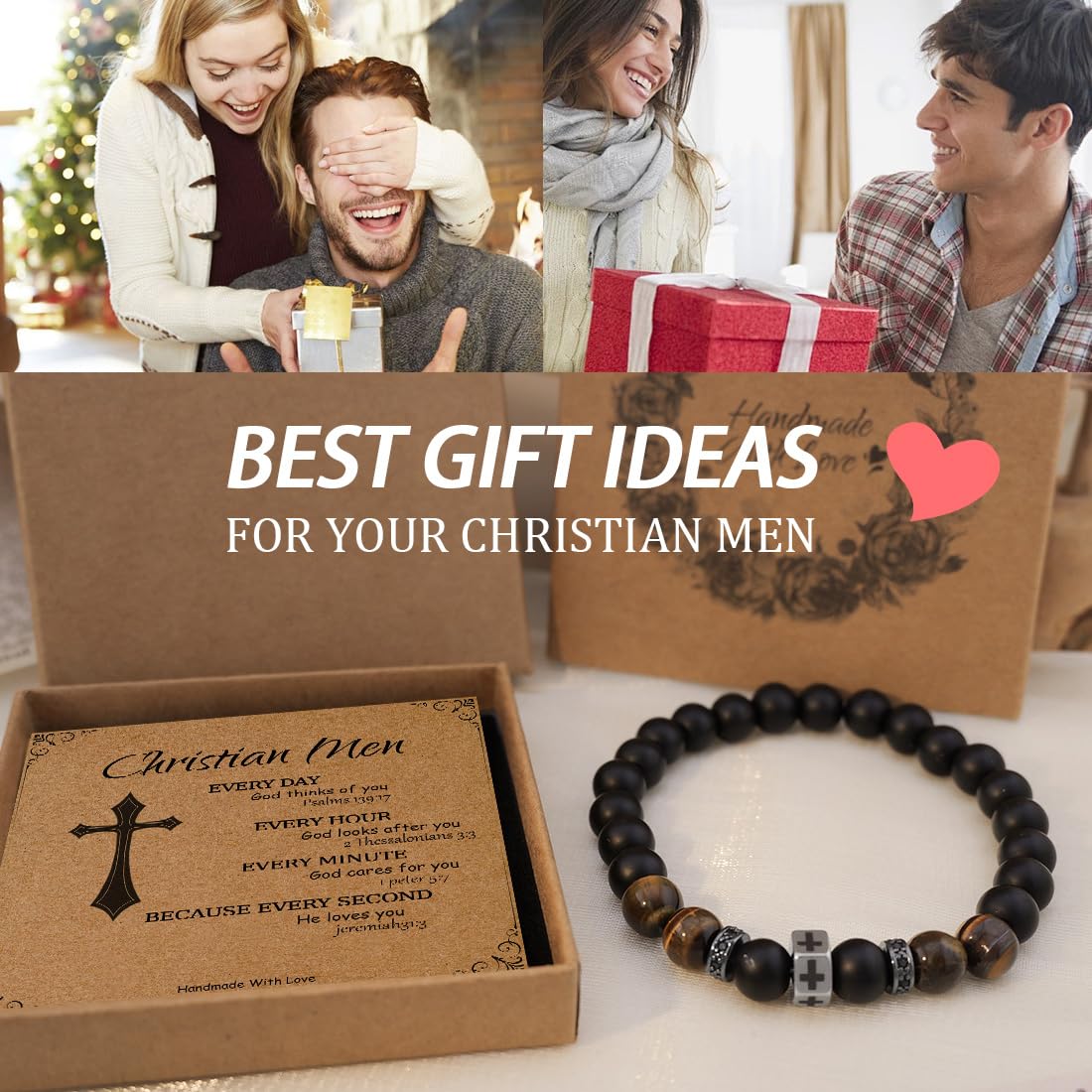 Pulsera cristiana con cuentas de ojo de tigre de 0.315 in Pulsera de cuentas de cruz negra Regalo de joyería para hombres religiosos, Talla única, Piedra, No es una piedra preciosa 4