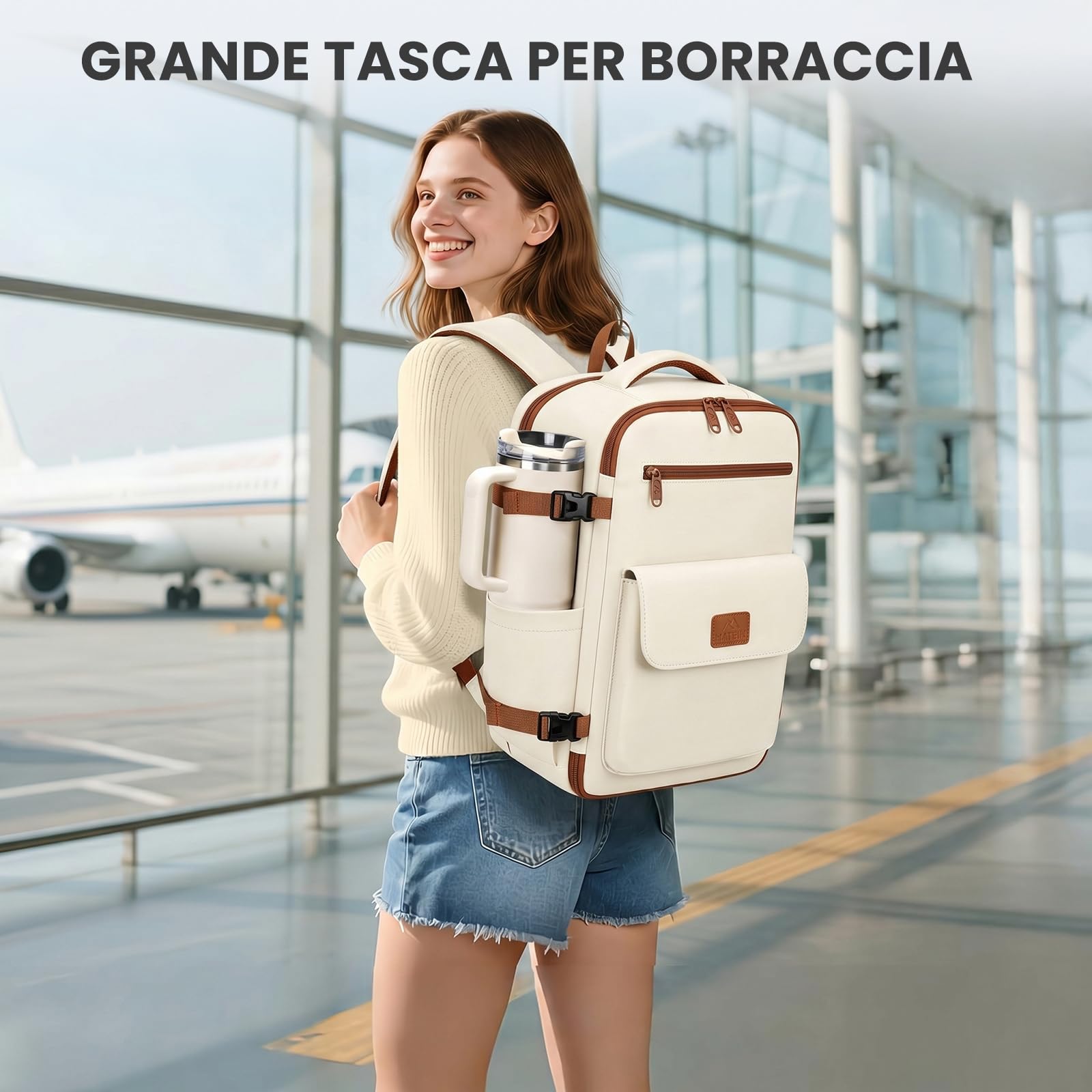MATEIN Zaino da Viaggio 40x30x20, 24L Bagaglio a Mano Aereo Cabina, Khaki | Porta PC 15.6 Pollici, Tasca Accesso Rapido, Tasca Impermeabile, Casual Daypack Uomo Donna, per Ryanair, Wizz Air e Easyjet
