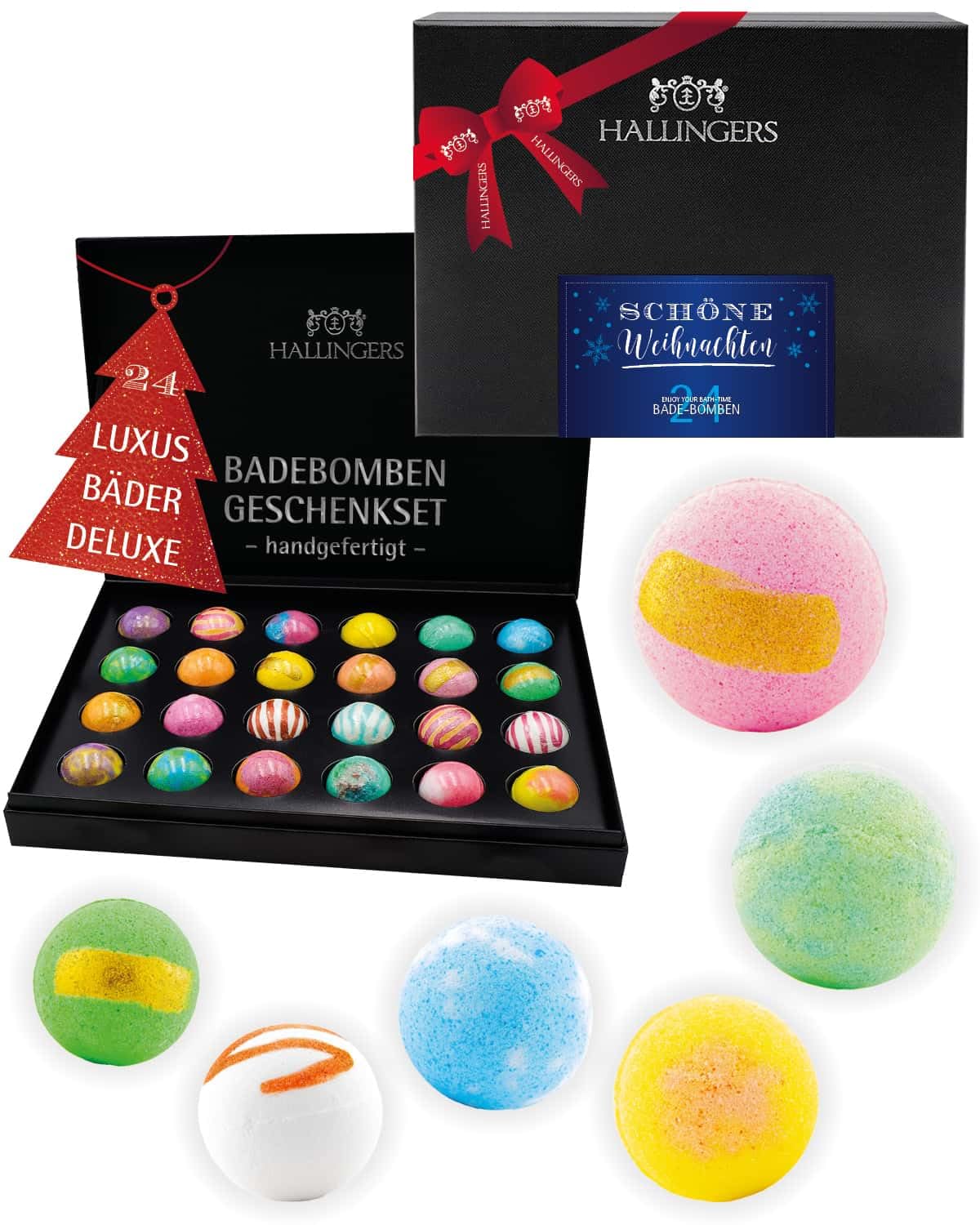 Hallingers Genuss Manufaktur Badebomben Weihnachts-Geschenk-Set - 24x Badekugeln Bath Bombs in edler Geschenkbox, Frauen Badeperlen-Wellness & Spa "Schöne Weihnachten", Weihnachten für Frauen Männer