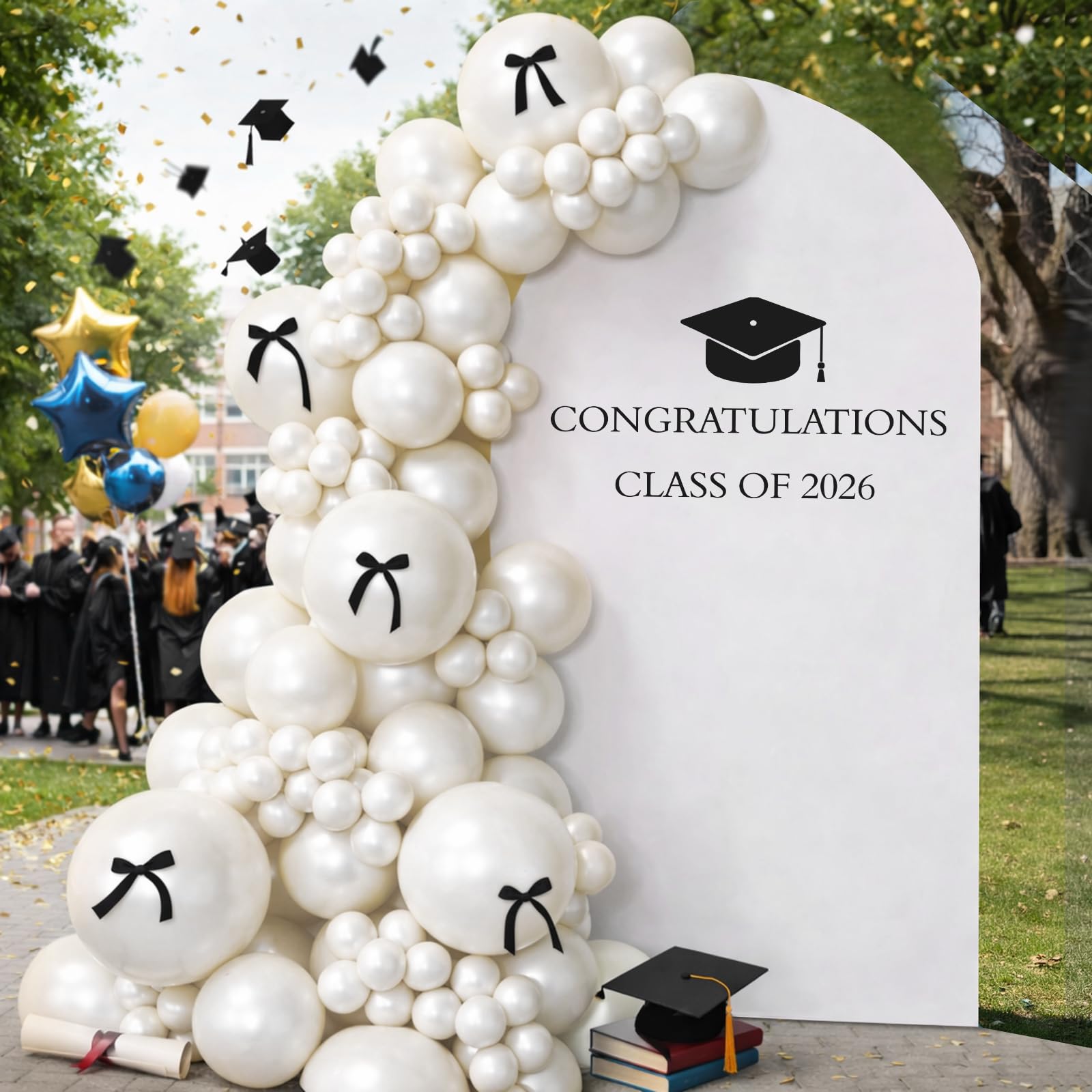Photo 1 of * *DIRTY** Lunmon 7.2 ft 2026 Graduation Decor Congratulation Class of 2026 Arch Cover Backdrop Kit with Black Bow Graduation Sticker Balloon Arch Kit for Grad Photo Party Decor College School(White)