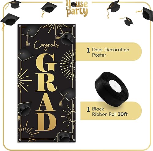 Miniatura 2 de Cartel de graduación  Cartel de felicitación de graduación de 6 x 3 pies para la clase de 2024  Decoraciones de porche negro y dorado, pancartas y