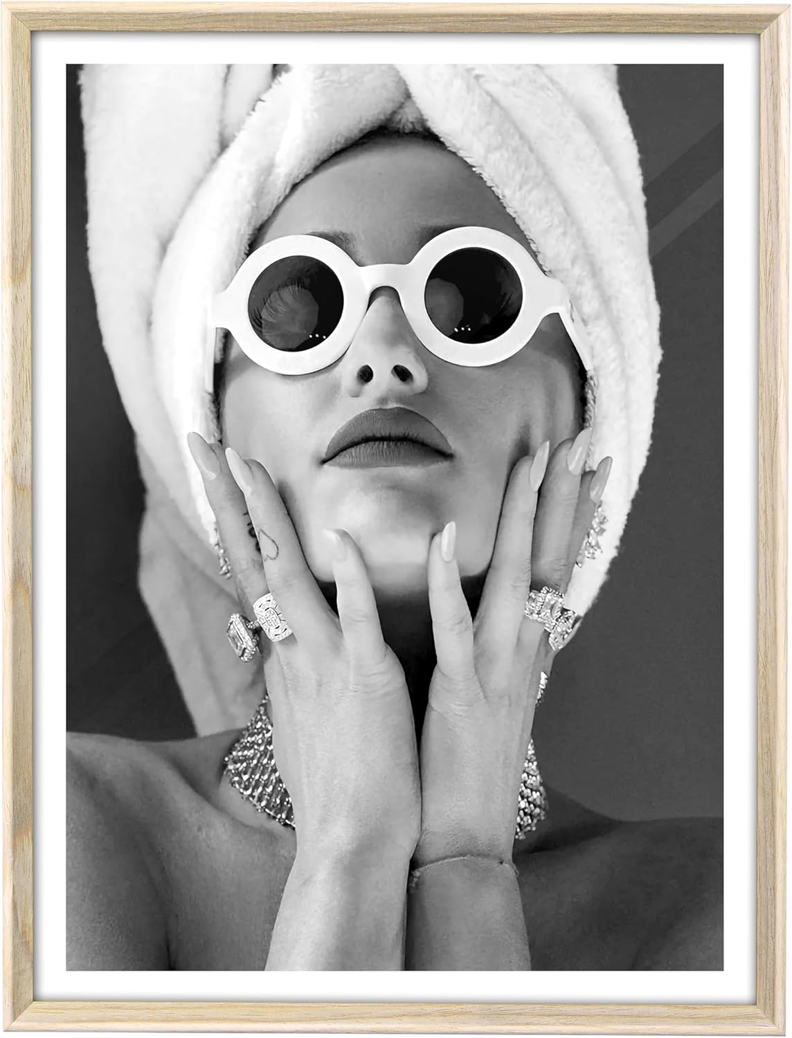 iHery Natural Beige Dimensional OAK Wood Framed Wall Art, 12x16in Audrey Hepburn Luxury Fashion Canvas Art, Feminist Black and White Trendy Girls Bedroom Wall Decor, Set of 1 For Bathroom Dorm