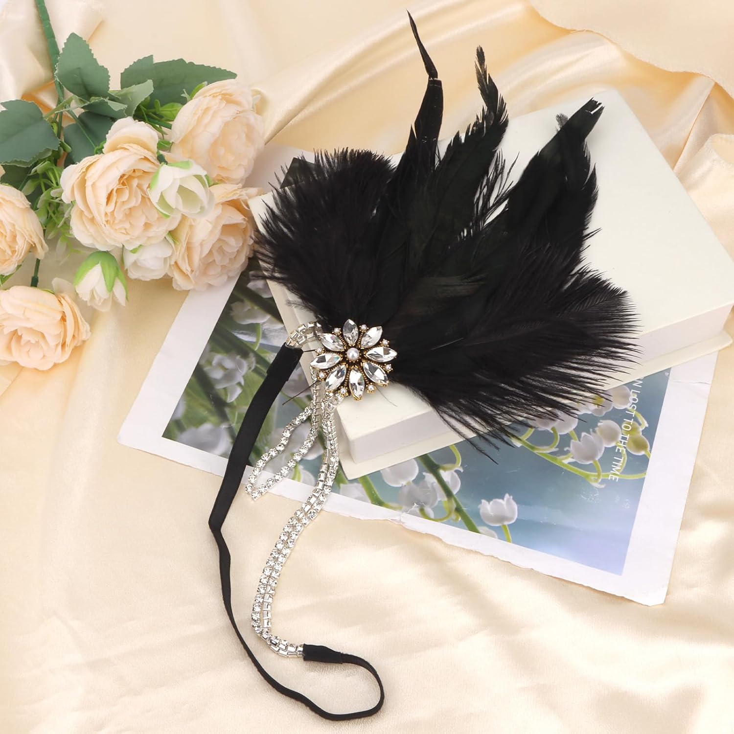 CURASA 1920s Flapper Headpiece Headband Great Gatsby Feather Hairband For Women Rhinestone Hair Accessoreis Showgirl Dresses Vintage Tassel Costume Outfits Roaring 20's Black Elastic Head Chain Party - Image 7