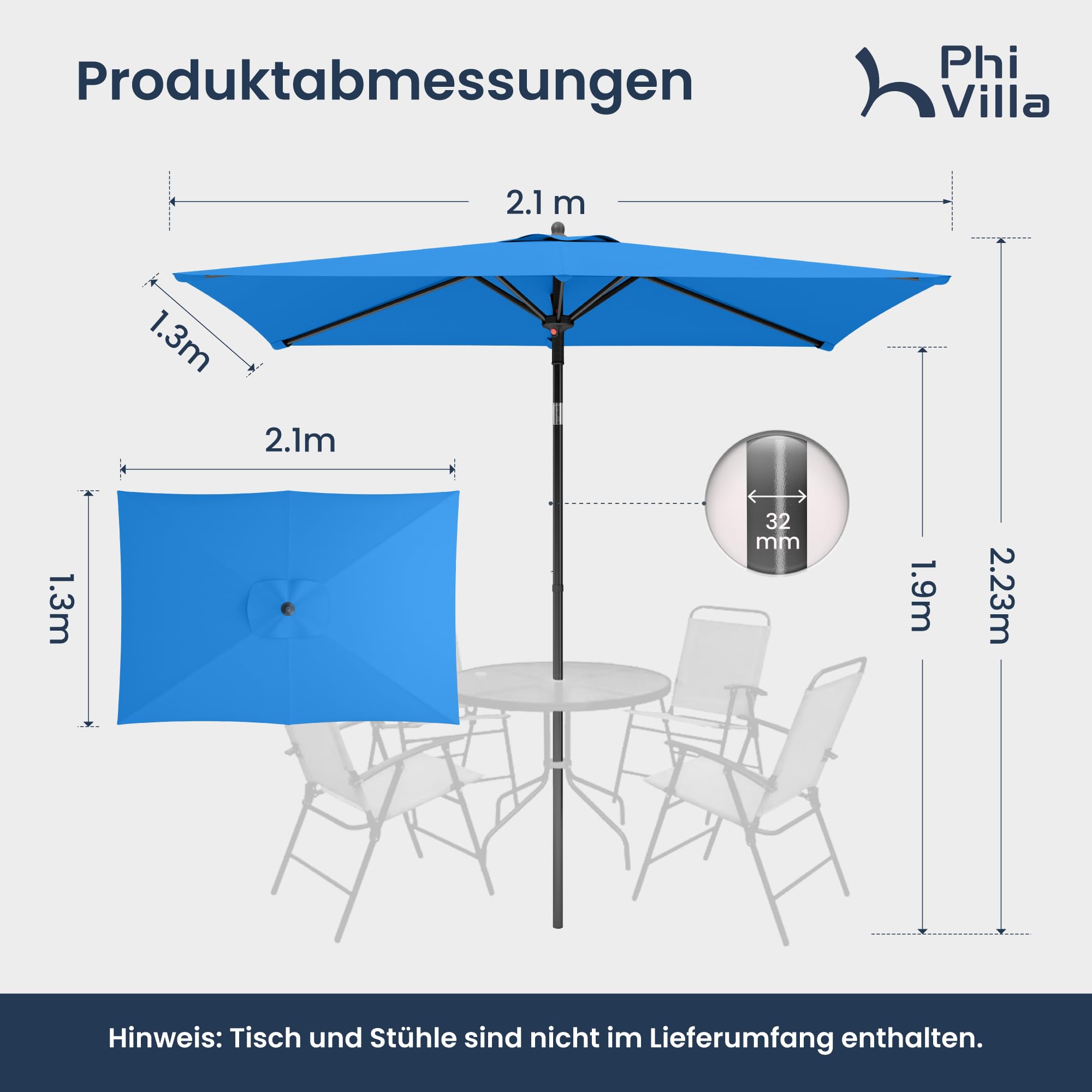 PHI VILLA 210x140x220cm Sonnenschirm Eckig mit Klemme, Gartenschirm Kippbar Windfest Stabil zum Mitnehmen, UV50+ Schutz für Balkon Terrasse Balkongeländer Tisch