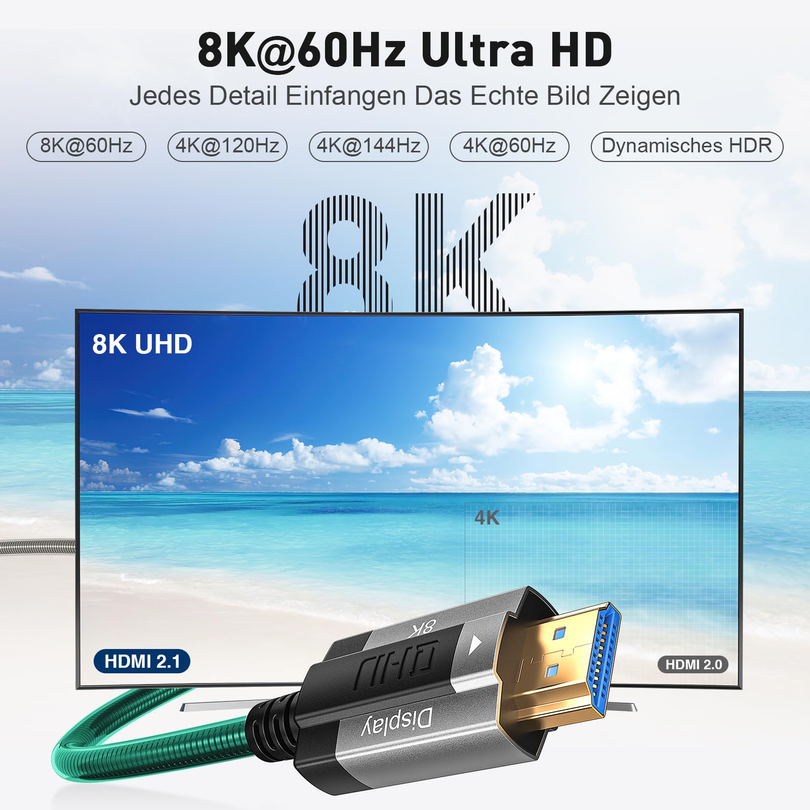 Cable de fibra óptica 8K HDMI 30M, blindaje de acero óptico HDMI 2.1, 48 Gbps, ultra alta velocidad, 8 K @ 60 Hz, 4 K @ 120 Hz, Dynamic HDR eARC Dolby HDCP 2.2 y 2.3 para HDTV/proyector/cine en