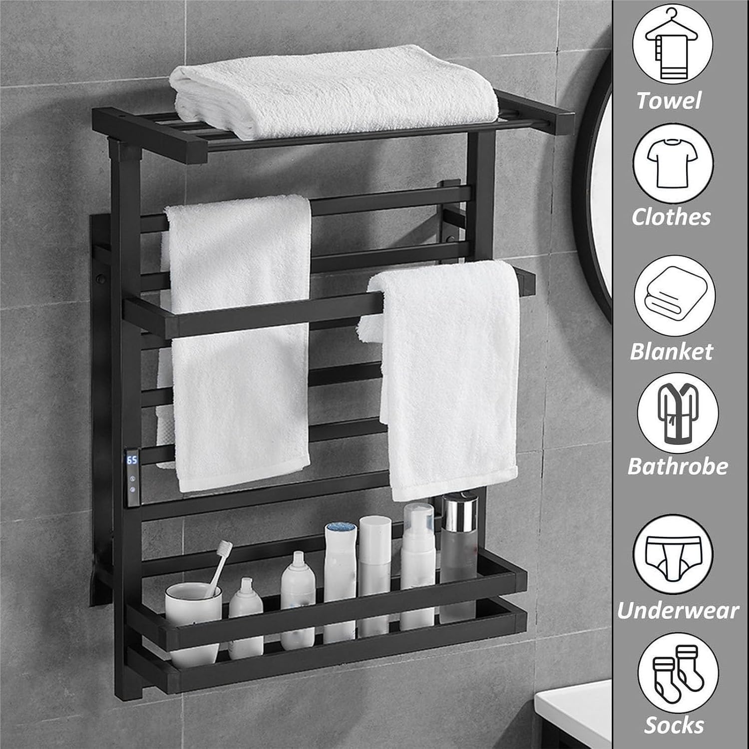 Towel Warmer White,Left Line,Towel Rack Wall Mounted with Touch Screen,Bathroom Accessories Heated with Timer, with Top Shelf-White-Right(Black,Right line)