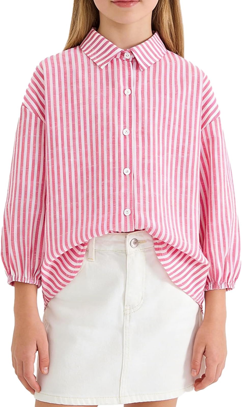 Girls Button Down Shirts Tween Long Sleeve Blouses Collared Neck for Kids Loose Fit Tee Tops 8-12Y