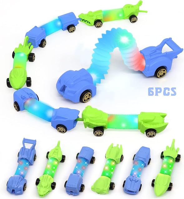DELEE Sensory Tubes Toy, Pop Tubes Light Up Sensory Car, 6 Pcs LED Sensory Fidget Toy, Stress Relief for Adult Autism Kids, Glow Party Favours for Toddlers Birthday Gift
