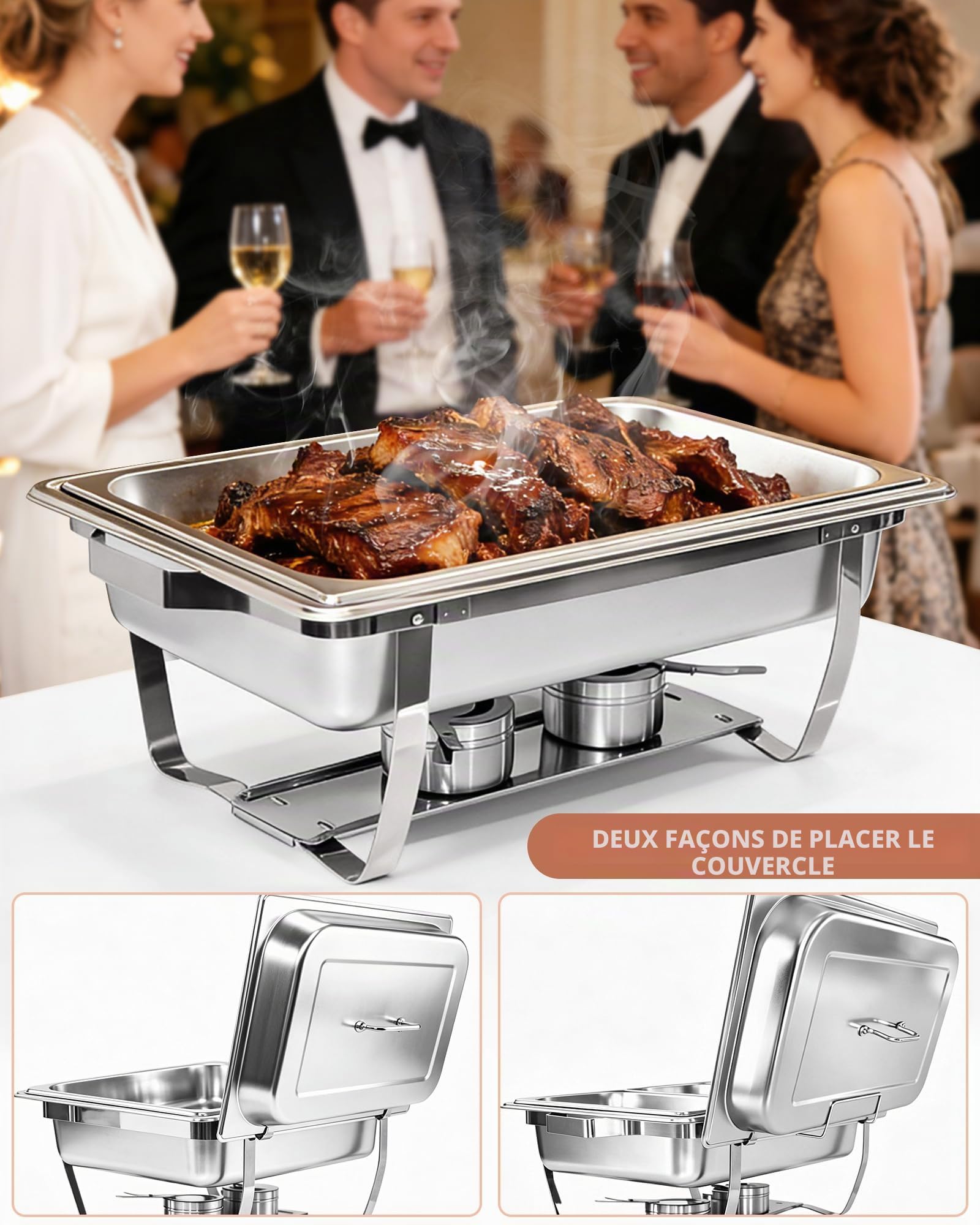 2PCS Chafing Dishes Buffet 9L rectangulaires à Couvercle Roulant, Professionnel Bain Marie [2 bacs Pleine Taille + 4 Demi-bacs] Chauffe Plats pour fêtes, Anniversaires, événements paroissiaux