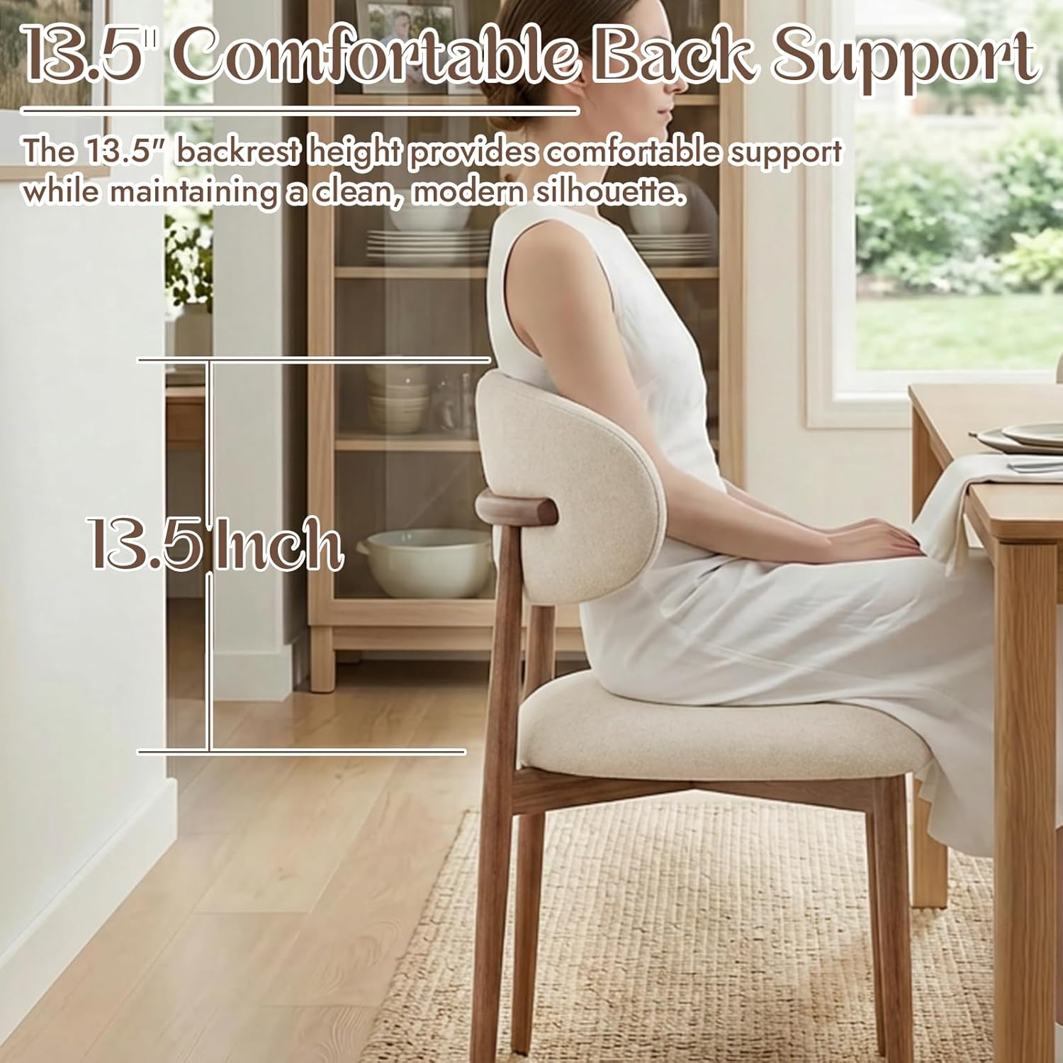 Dining Chairs Set of 4, Upholstered Linen Fabric Farmhouse Kitchen Chairs, Mid Century Modern Armless Chair with Ergonomic Curved Backrest and Walnut-Grain Metal Legs for Home Restaurant (Beige)