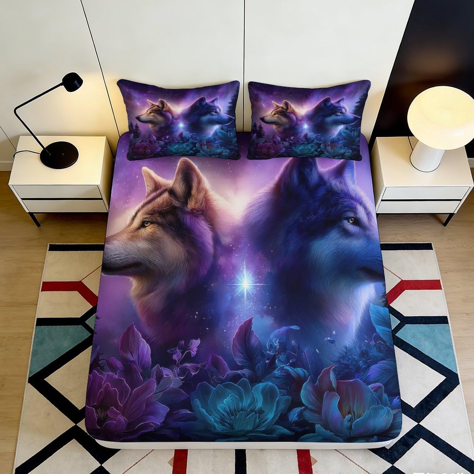 3D Printed Wolf Galaxy Fitted Sheet Microfiber Soft Breathable Cosmic Nebula Bed Cover for Bedroom Dorm Dormitory Guest Room Mattress Protection 160x200x25cm