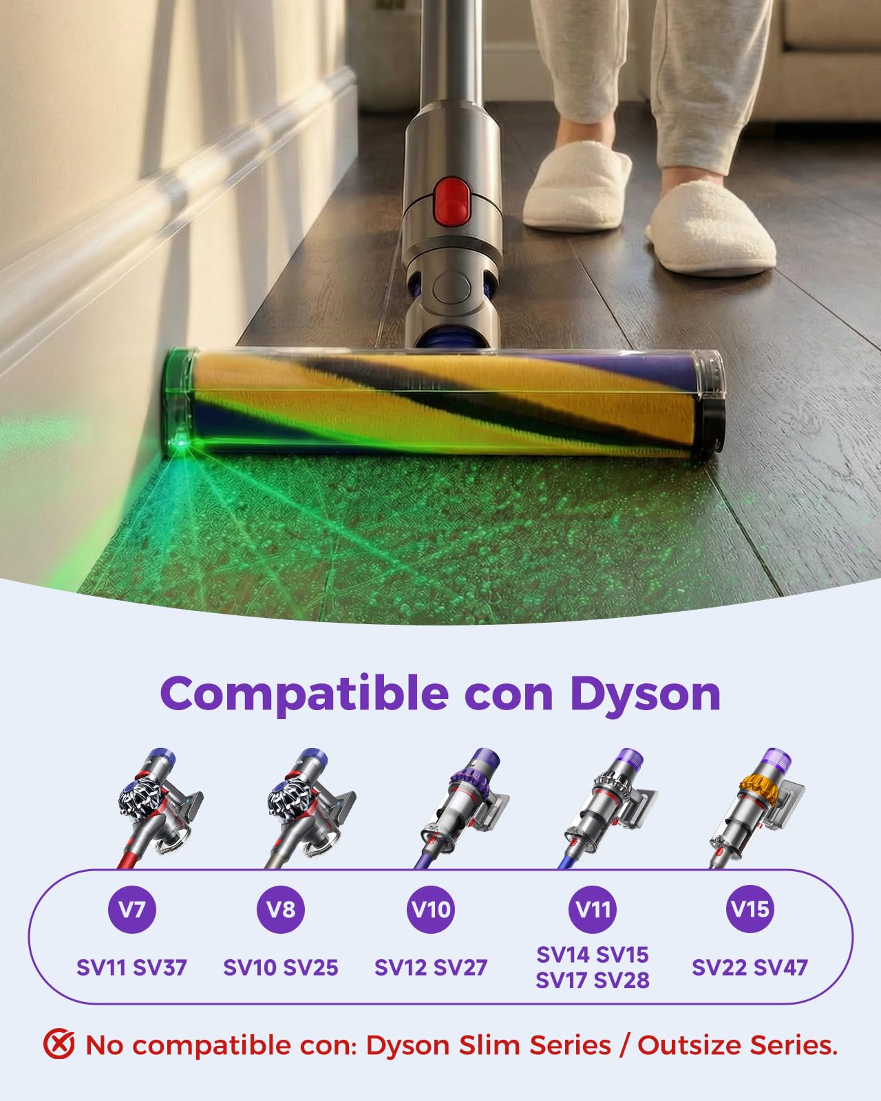 Cabezal de Limpieza V15 Fluffy Optic para Dyson V15, V11, V10, V8, V7 – Detección de Polvo con luz Verde, Accesorio de Rodillo Suave para Suelos de Madera | Luz verde revela el polvo, articulación de 90°, cepillo suave protege suelos, solo 390 g, cepillo