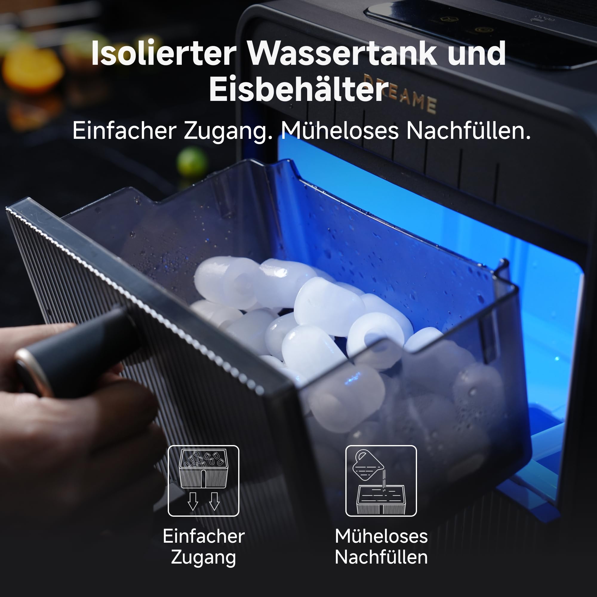 dreame Aura Eiswürfelmaschinen mit 6-Minuten-Schnelleisproduktion, isoliertem Wassertank und Eisbehälter, Eis in zwei Größen, digitaler Steuerung, LED-Licht und Selbstreinigungsmodus