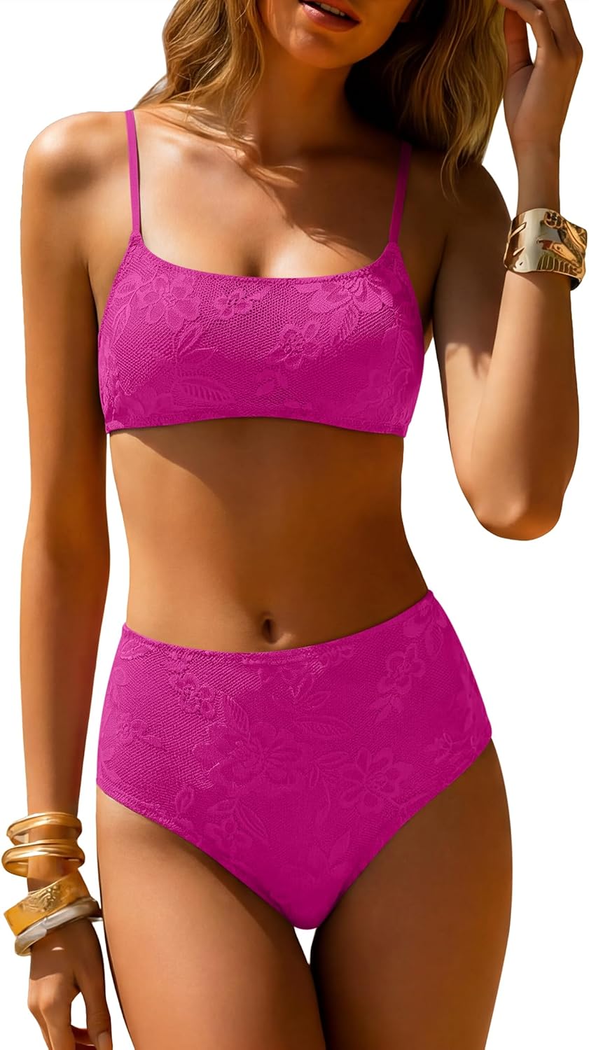 ANRABESS Womens High Waisted Bikini Sets 2 Piece Swimsuits Cute Lace Square Neck Modest Bathing Suit 2026 Hot Pink X-Large