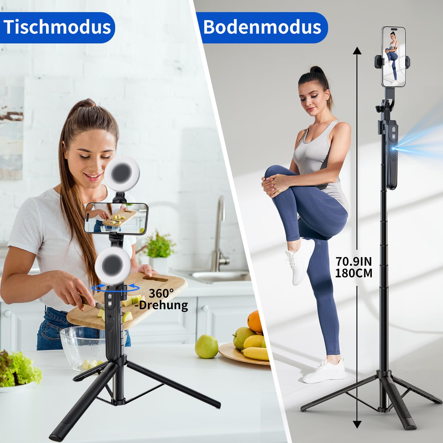 yAyusi 360° Drehung Auto Face Tracking Stativ mit Licht, Keine App, 180cm Telefonstativständer mit Bewegungssensor, Gesichtskörper Handy Selfie Stick für Vlog/Live-Stream/Videoaufzeichnung
