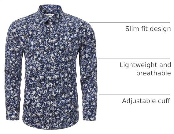 TUNEVUSE Men Floral Dress Shirt, Long Sleeve Button Down Patterned Cotton