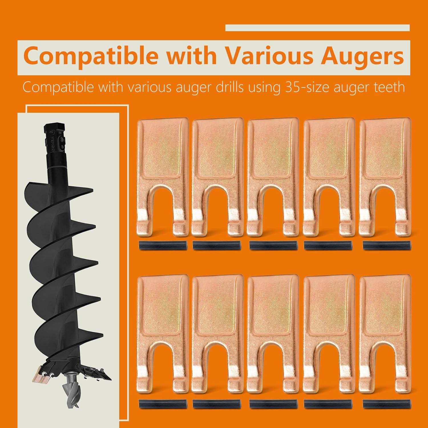 10Pcs Auger Teeth 35 Size Strips Set Suitable for Digging Crumbly Rock Soil Bricks and More, Steel Spiral Drill Tooth Replacement Parts for Excavator Loader Auger Attachment with Rubber