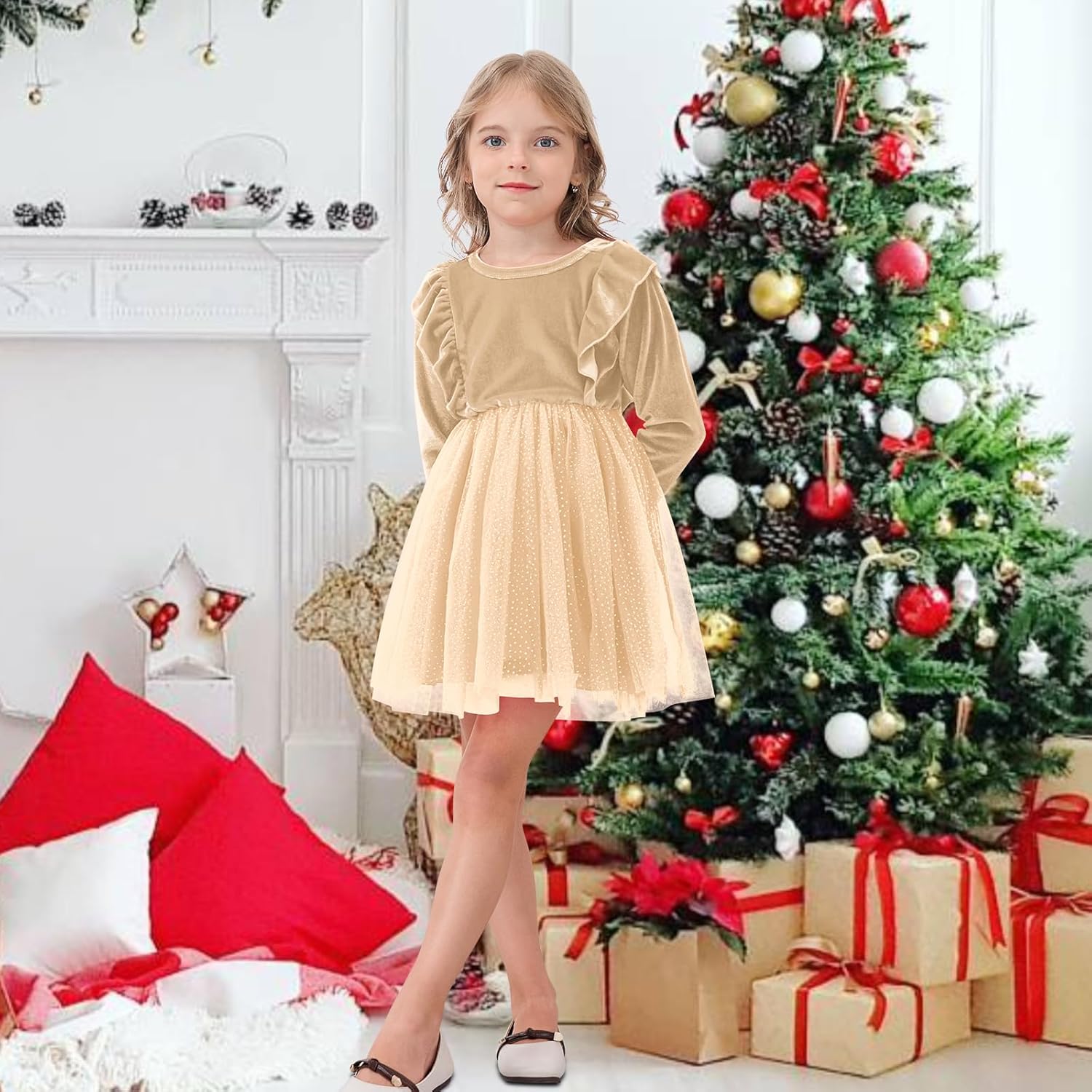 DREAM BUS Toddler Girl Christmas Dress Baby Girl Long Sleeve Ruffled Velvet Top Tulle Dress Special Occasion Dress - Image 2