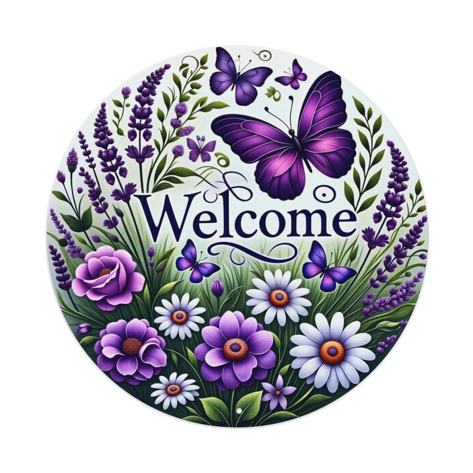 Floral Butterflies Welcome Garden Pattern Round Tin Sign Retro Metal Sign for Cafe Bar Pub Home Game Room Gym Club Wall Decoration Vintage Metal Poster 8x8 Inch