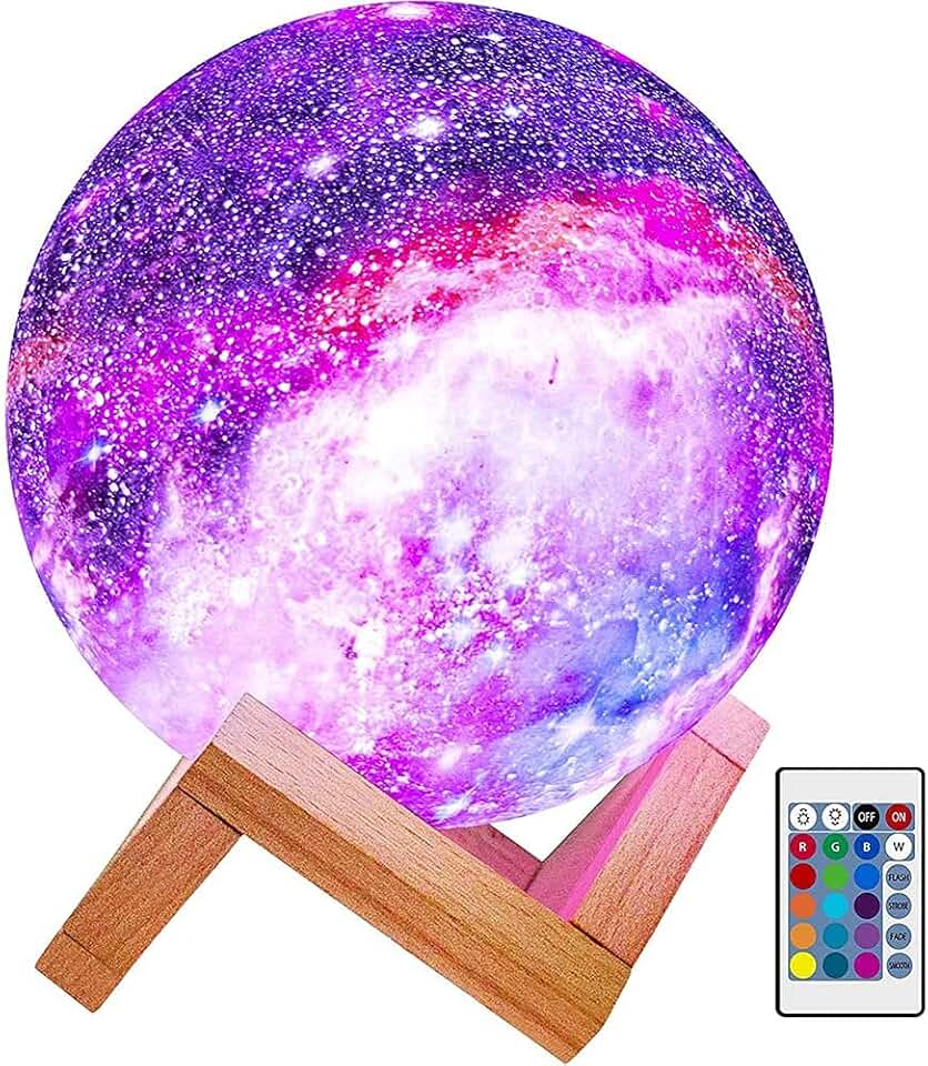 Himalayan Glow Kids Night Galaxy Lamp 5.9-inch 16 Colors LED 3D Star Moon Light with Wood Stand, Remote &amp; Touch Control USB Rechargeable, White