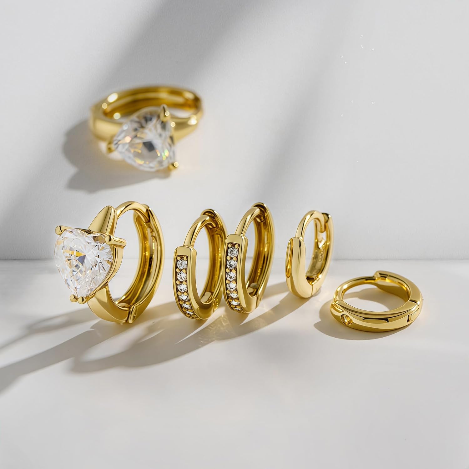 3Pairs Small Gold Huggie Hoop Earrings for Women,Romantic heart,Twisted braid two colors,3 CZ Hoop,5 Round Zircon Sport Hoops Earrings Set,14K Gold Filled Silver Hypoallergenic Earring Excellent gift - Image 7