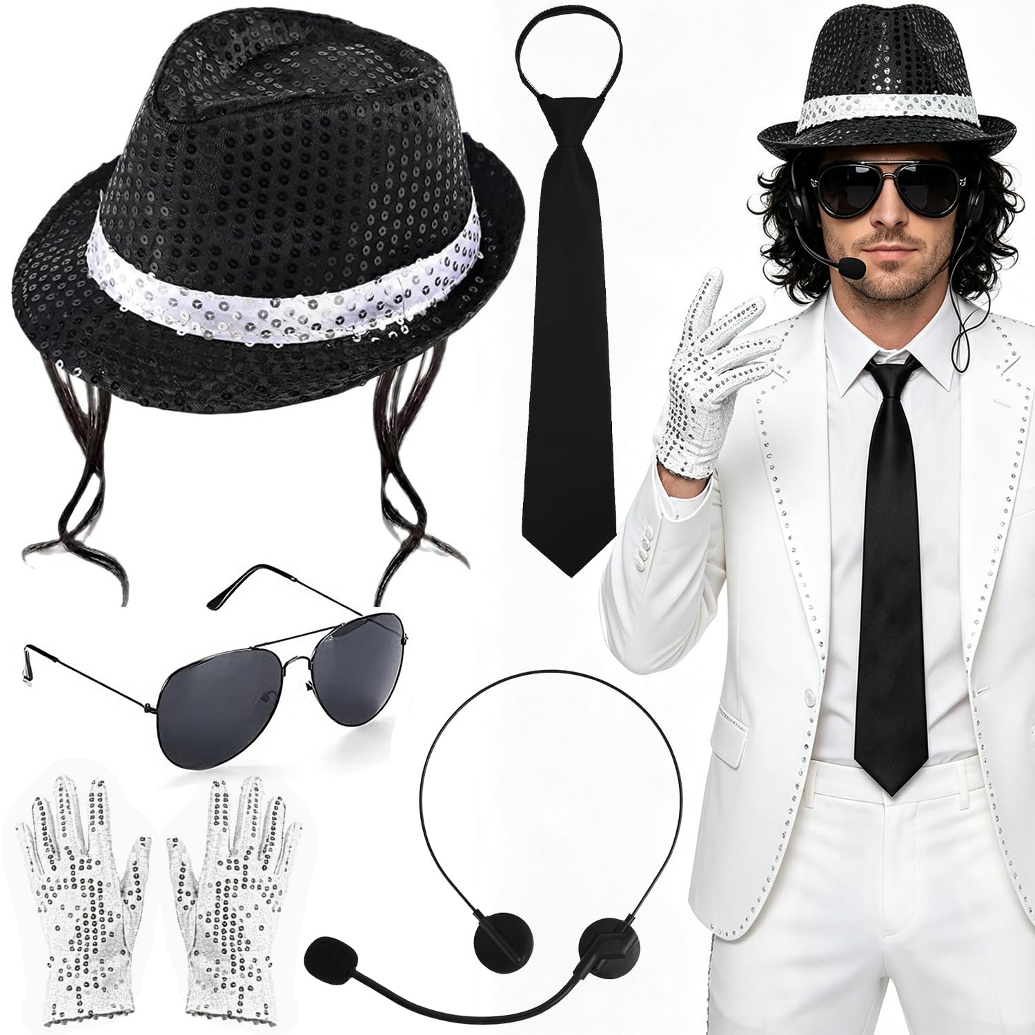 5PCS MJ Costume Accessories Adults, Disco Clothing Set, 1980s Fancy Dress Accessories with Jazz Sequin Hat Glove Tie Headset King of Pop Fancy Dress Kit for 80s Cosplay Dance Theme Party Carnival-A