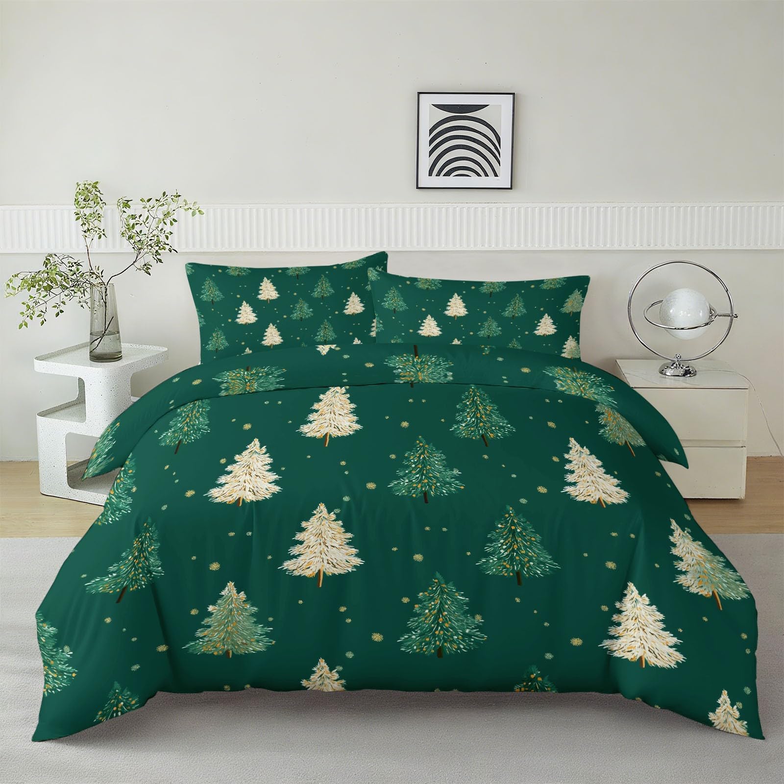 Copripiumino Matrimonialecartone Animato Albero Di Natale, Copripiumone Microfibra Anallergico, Verde Scuro 200 X 200 Cm Biancheria Da Letto Reversibile Con Stampa Con Cerniera & Federa 50 X 80 Cm