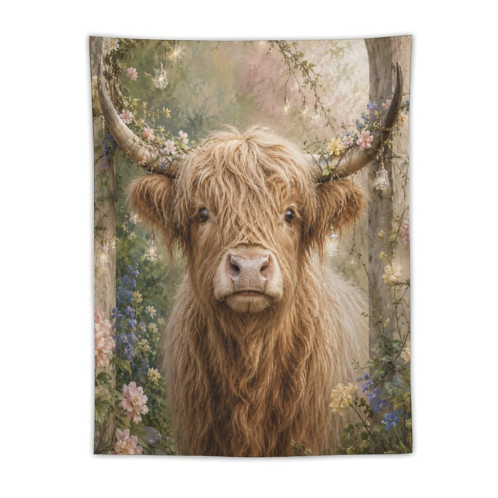 H3B8U2Y5 Highland Cow Garden Portrait Wall Tapestry, Boho Floral