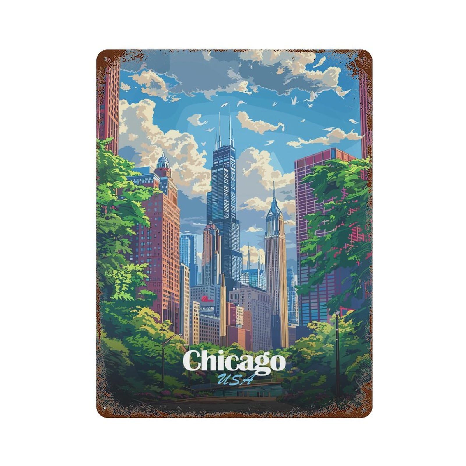 Chicago Skyline Illustration 15.7"x11.8" Rust Effect Tin Sign, Industrial Home Decor for Living Room, Hallway And Home Decor