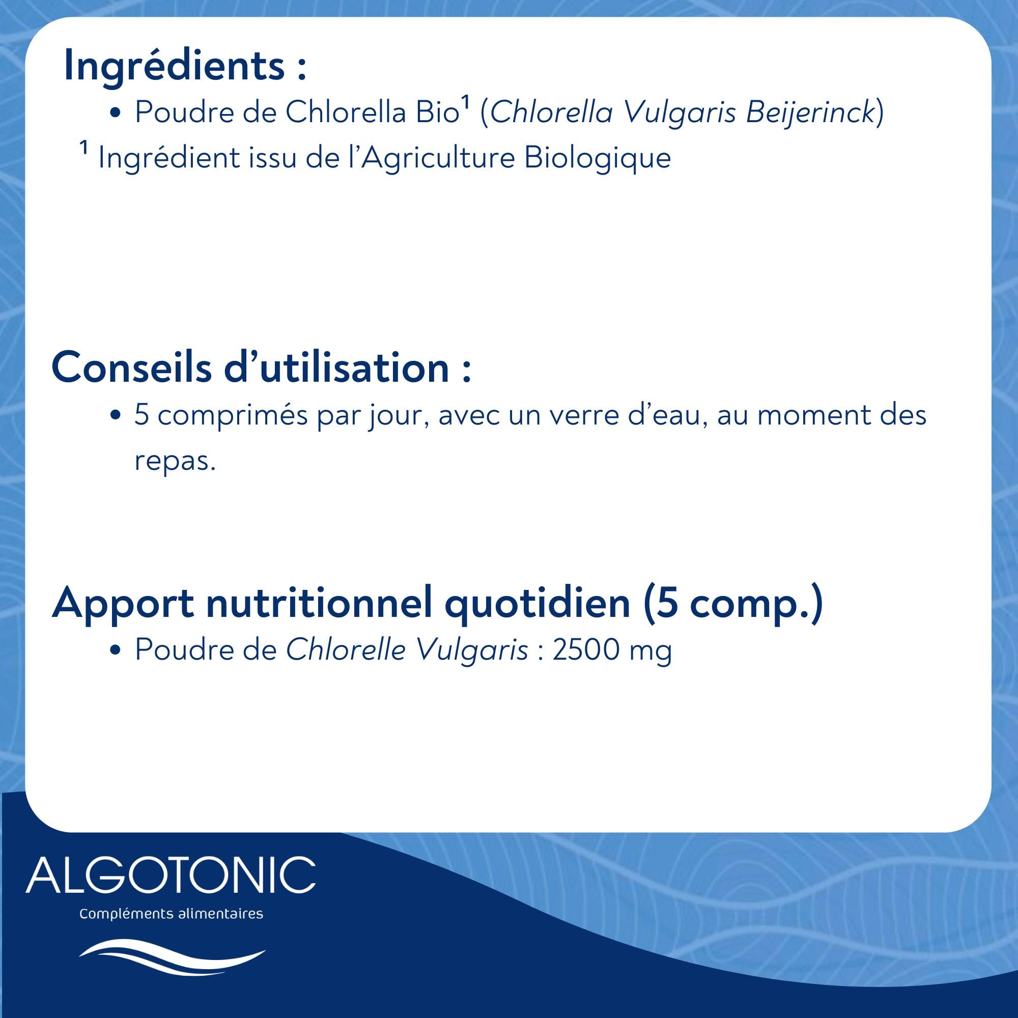 Chlorella Bio - 2500 mg par jour - 500 comprimés - Cure de 100 jours - Poudre de Chlorella vulgaris 100% PURE - Maintien d’une bonne santé intestinale - Detox - Intestin