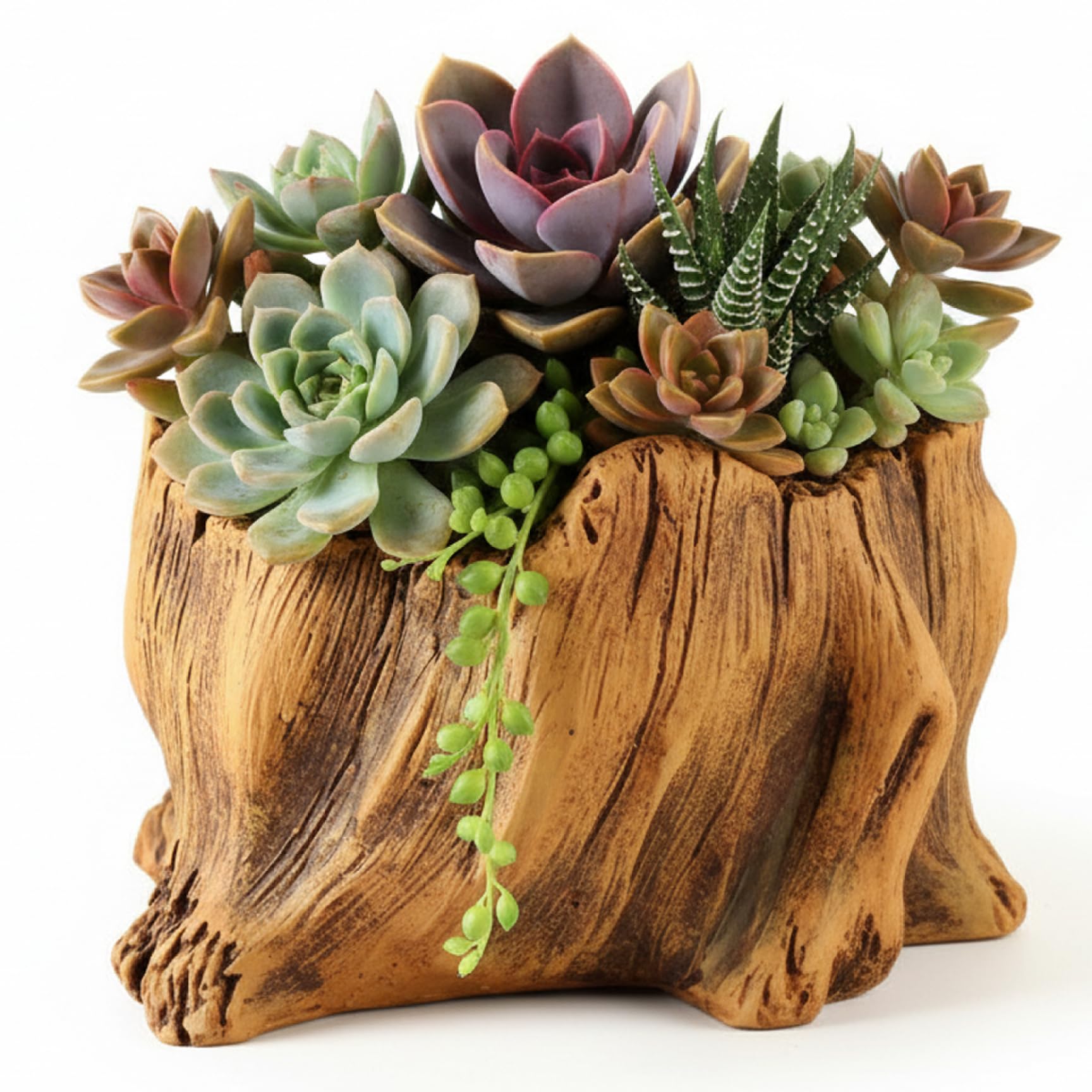 Bemonew Brown Cement Driftwood Planter - Vintage Bronze Flower Pot With Realistic Tree Root Look For Cactus, Succulents, And Home Decor, Indoor Outdoor Use