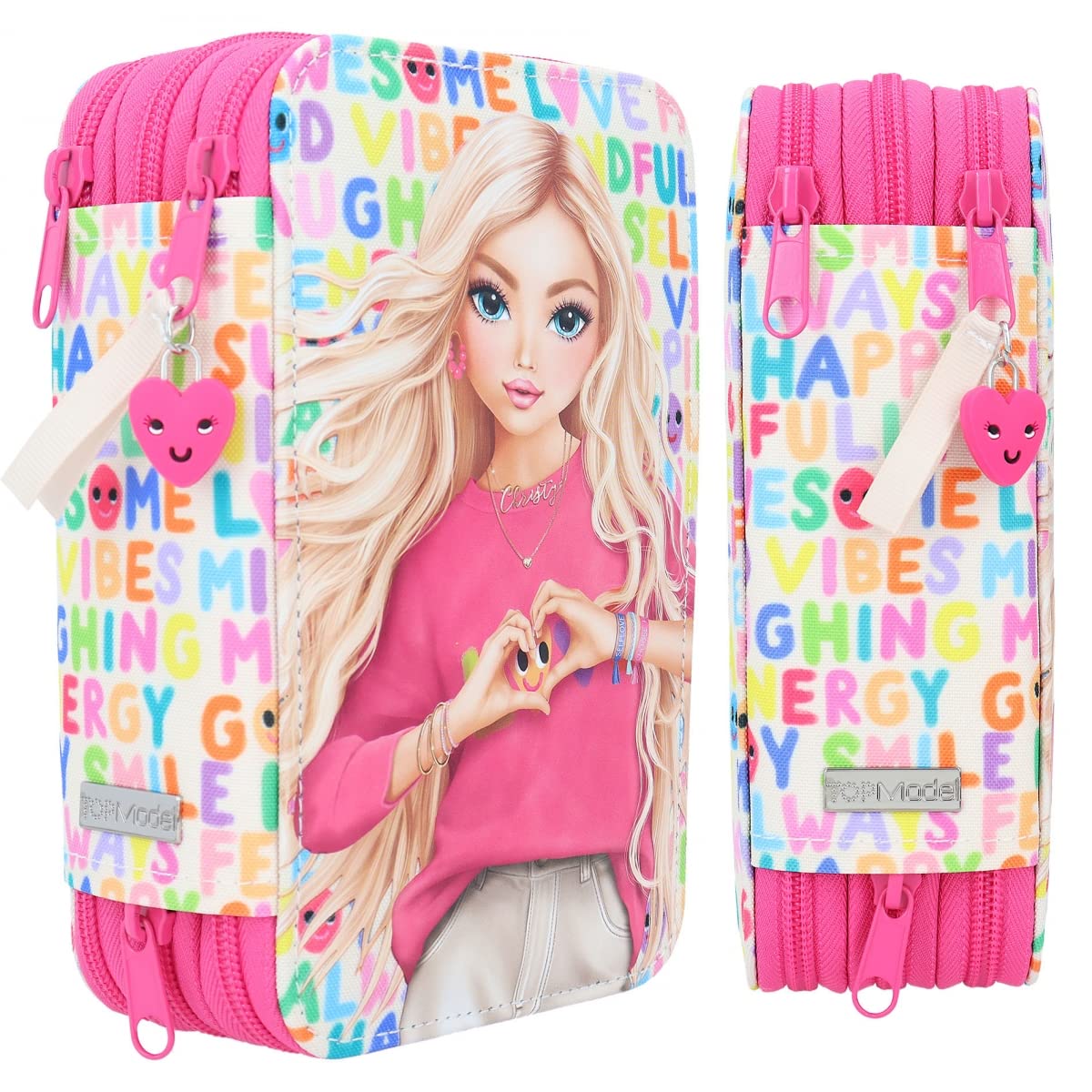 Depesche 11970 TOPModel SelfLove - Gefüllte 3-Fach Federtasche mit Model-Motiv, buntem Schrift-Design und Anhänger, Federmäppchen in Pink mit Buntstiften, Lineal, Schere uvm.