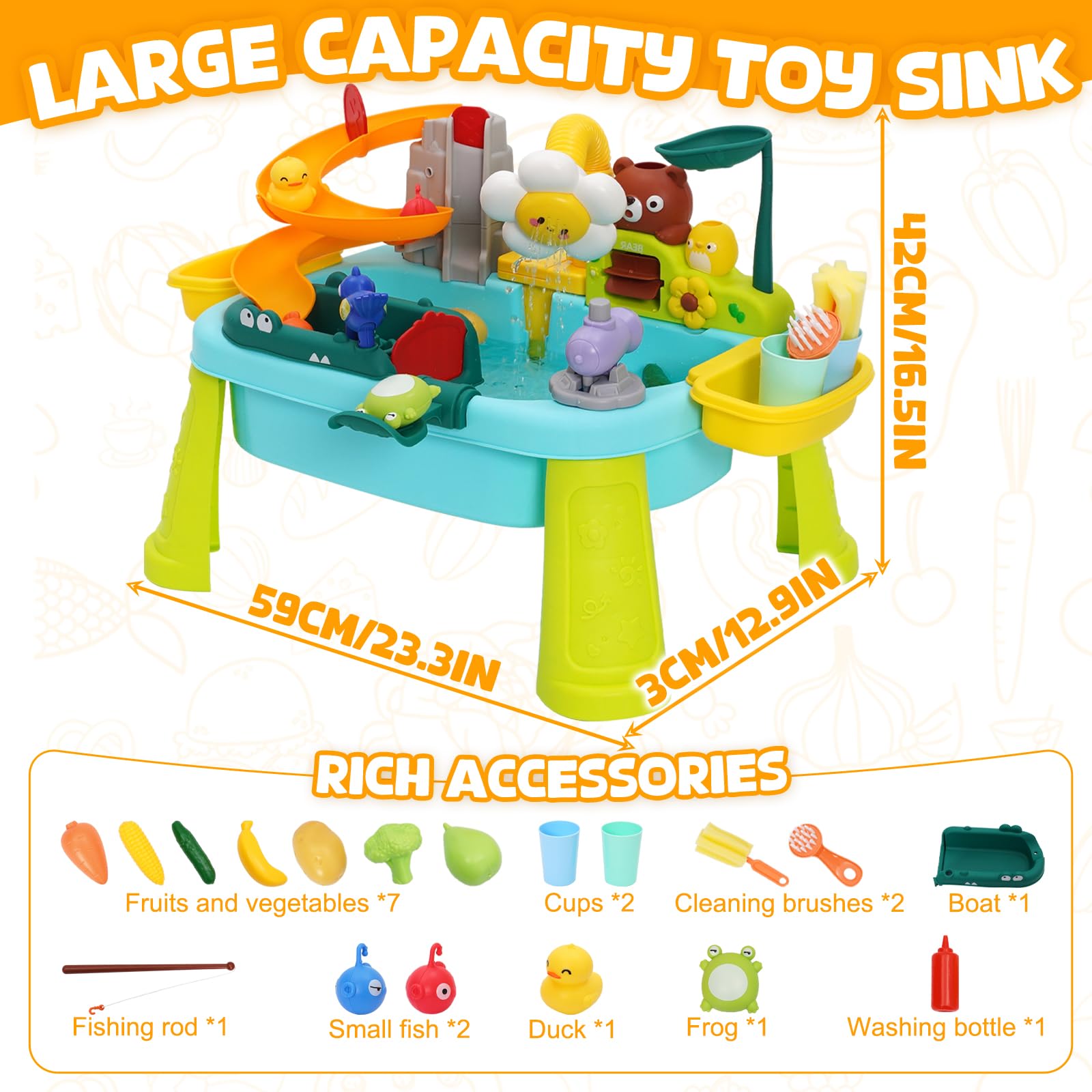 3 in 1 Tavolo Acqua Bambini con Ciclo dell’Acqua Set Lavello da Cucina, Kit da Cucina Giocattolo per Bambini con Pesca e Giochi d’Acqua, Cucina Giocattolo per Bambini dai 3 Anni in Su (verde)