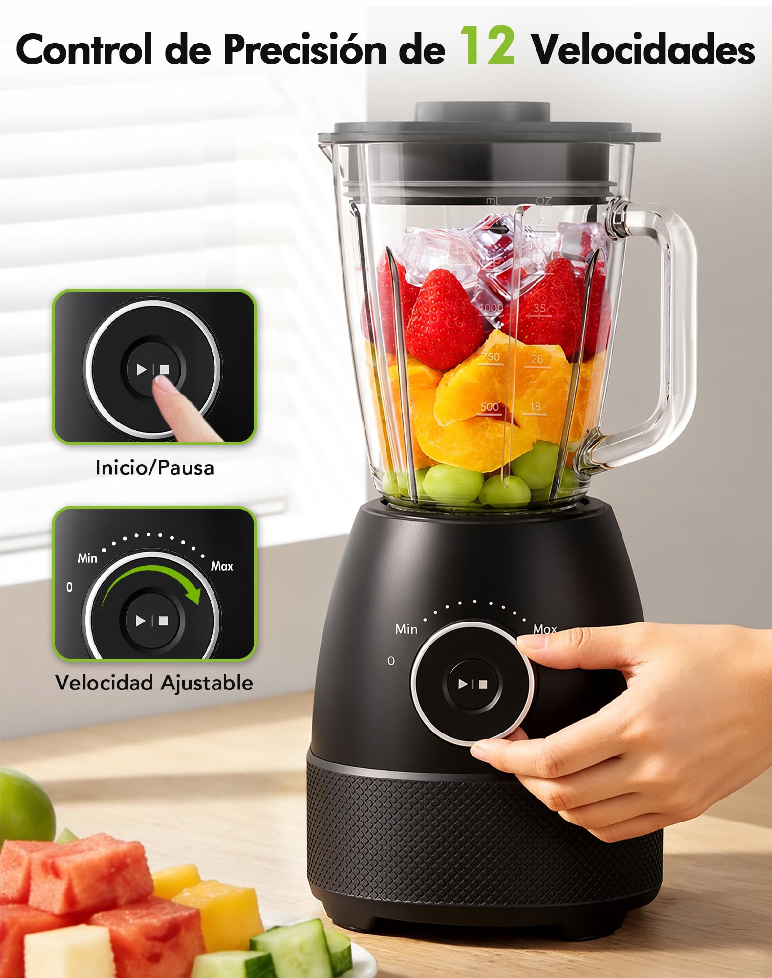 Batidora de Vaso, 1500W Batidora Smoothies, Vaso Batidora con Jarra de Vidrio 1,5L y Botella Tritan 600ml sin BPA, Velocidad Ajustable y Cuchillas de Acero Inoxidable, Licuadora para Zumos y Batidos