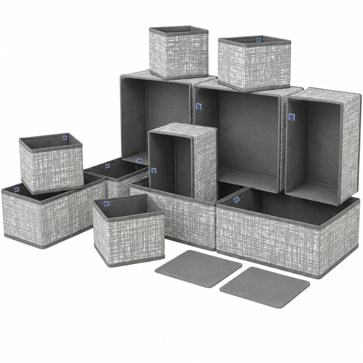 Skrill 12-Piece Foldable Cloth Storage Box Set | Odourless Cube Baskets, Bins & Dividers for Closet & Dresser Drawer Organization - Crosshatch Grey