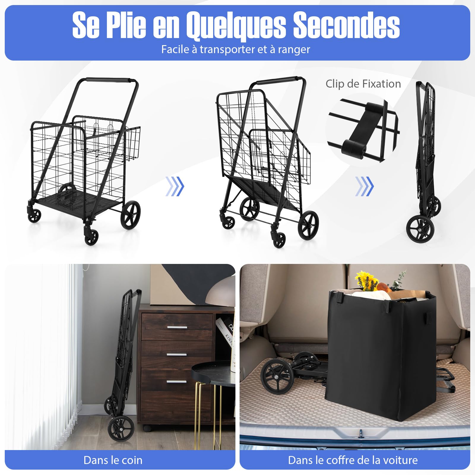 GYMAX Chariot de Courses Pliable 126 L à roulettes avec Sac Amovible, Caddie de Courses Robuste en Métal avec Petit Panier, Poignée Antidérapante, Charge 150KG, pour Marché, Provisons (Noir)