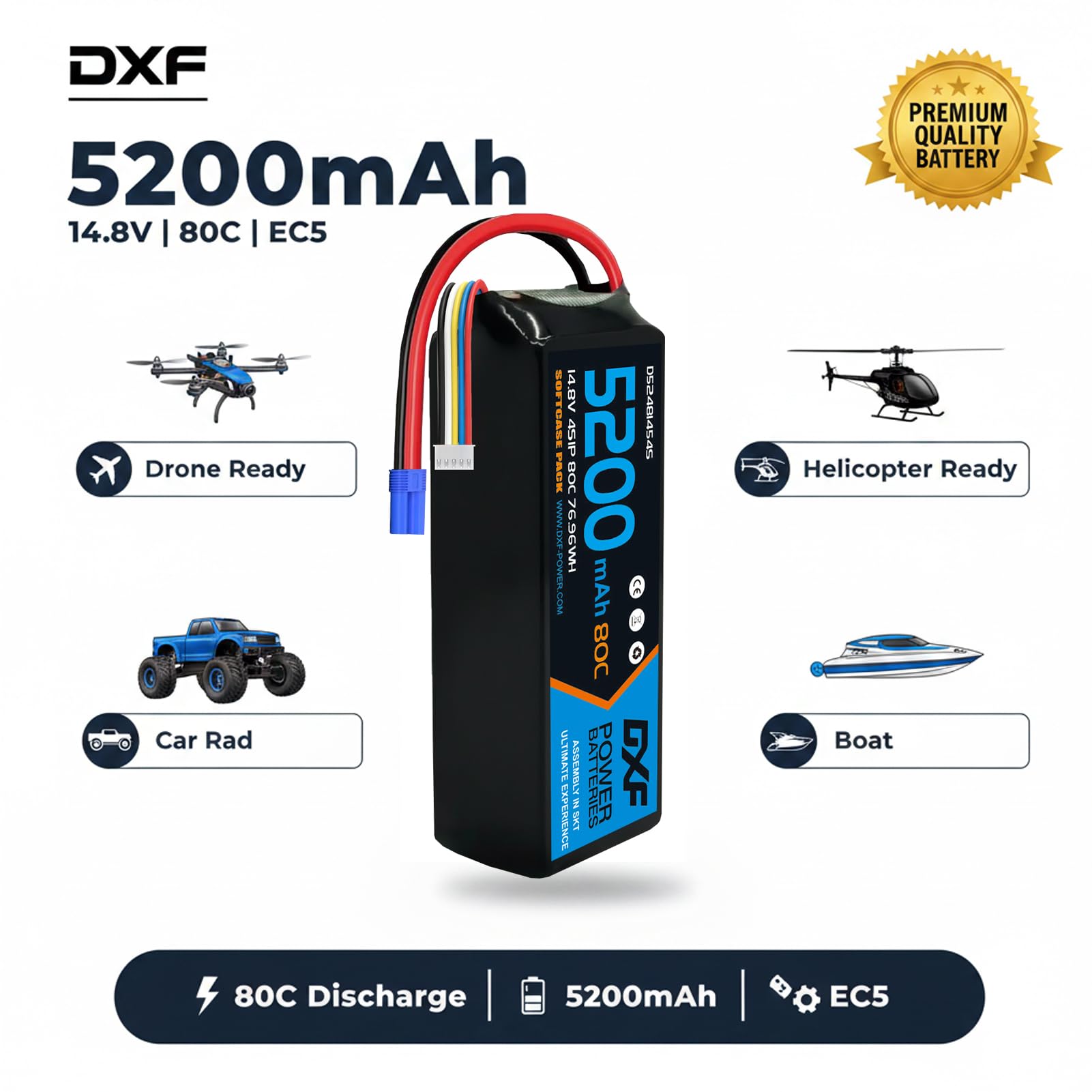 DXF Batteria LiPo 4S 14.8V 5200mAh 80C Custodia Morbida Spina EC5 Compatibile Auto RC 1/8 1/10 Veicoli Elettrici Leggera Alta Capacità Lunga Durata 2 Pezzi
