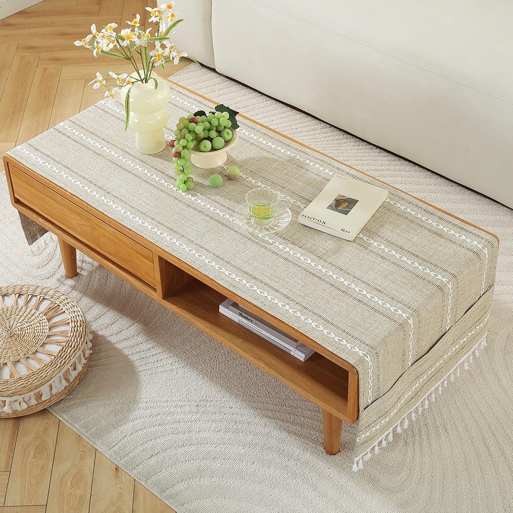 Cotton Linen Rectangular Tablecloth for Living Room - Simple TV Cabinet Mat, Coffee Tablecloth with Pockets, Tassel Fringe Cover for Tea Table Dining Hall Fridge Top Cover (Almond Yellow,60x160cm)