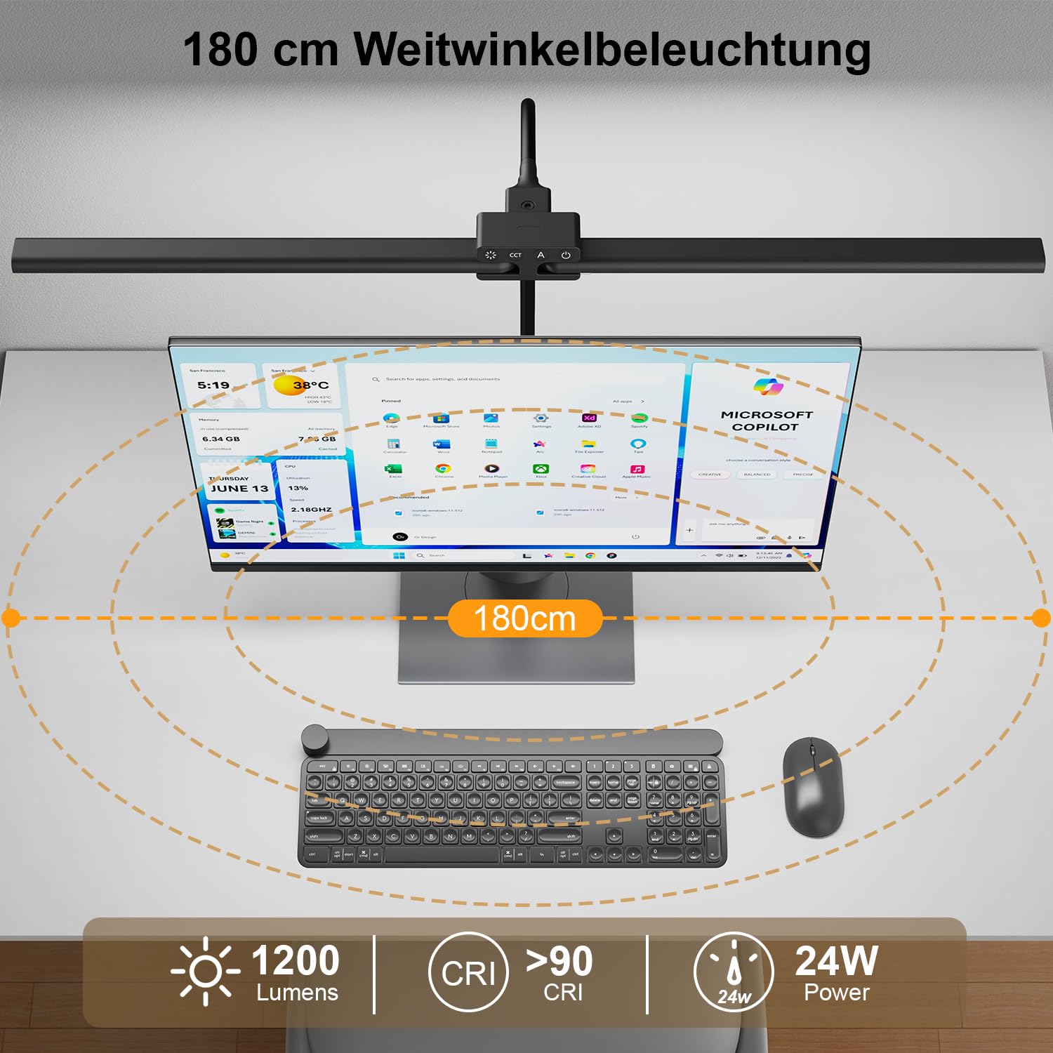 KableRika Lámpara de Escritorio LED Doble Cabeza 24W 80cm Negra | 1200 Lúmenes, Brazo Flexible con Pinza, 4 Temperaturas y 4 Niveles de Luminosidad, Protección Ocular, Teletrabajo y Pantallas