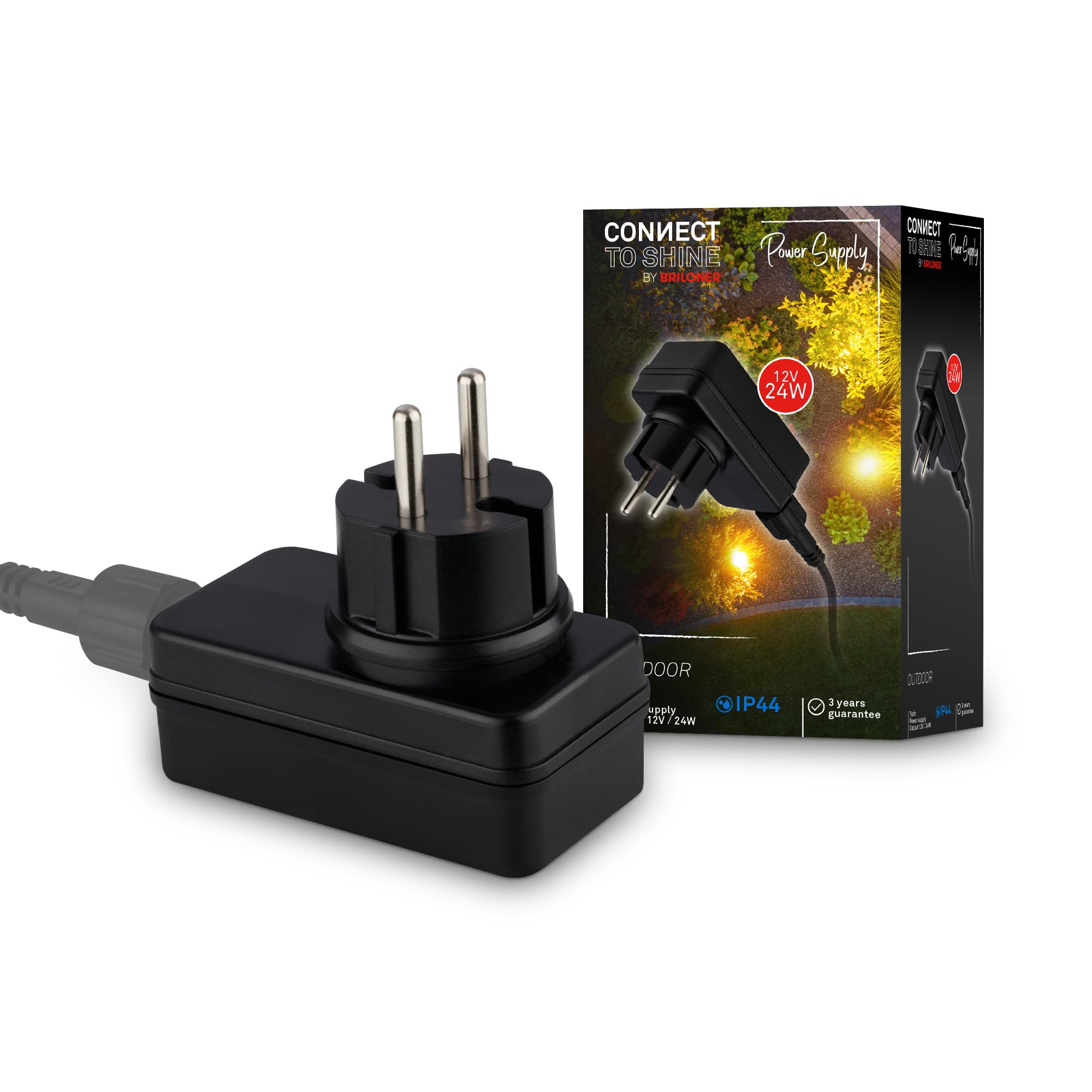 BRILONER - Connect to Shine system ogrodowy 12 V, transformator 24 W, do zasilania do 15 m, IP67 zapobiegający czasowemu zanurzeniu, wtyczka, 10 x 4,5 x 7,5 mm, czarny, akcesoria