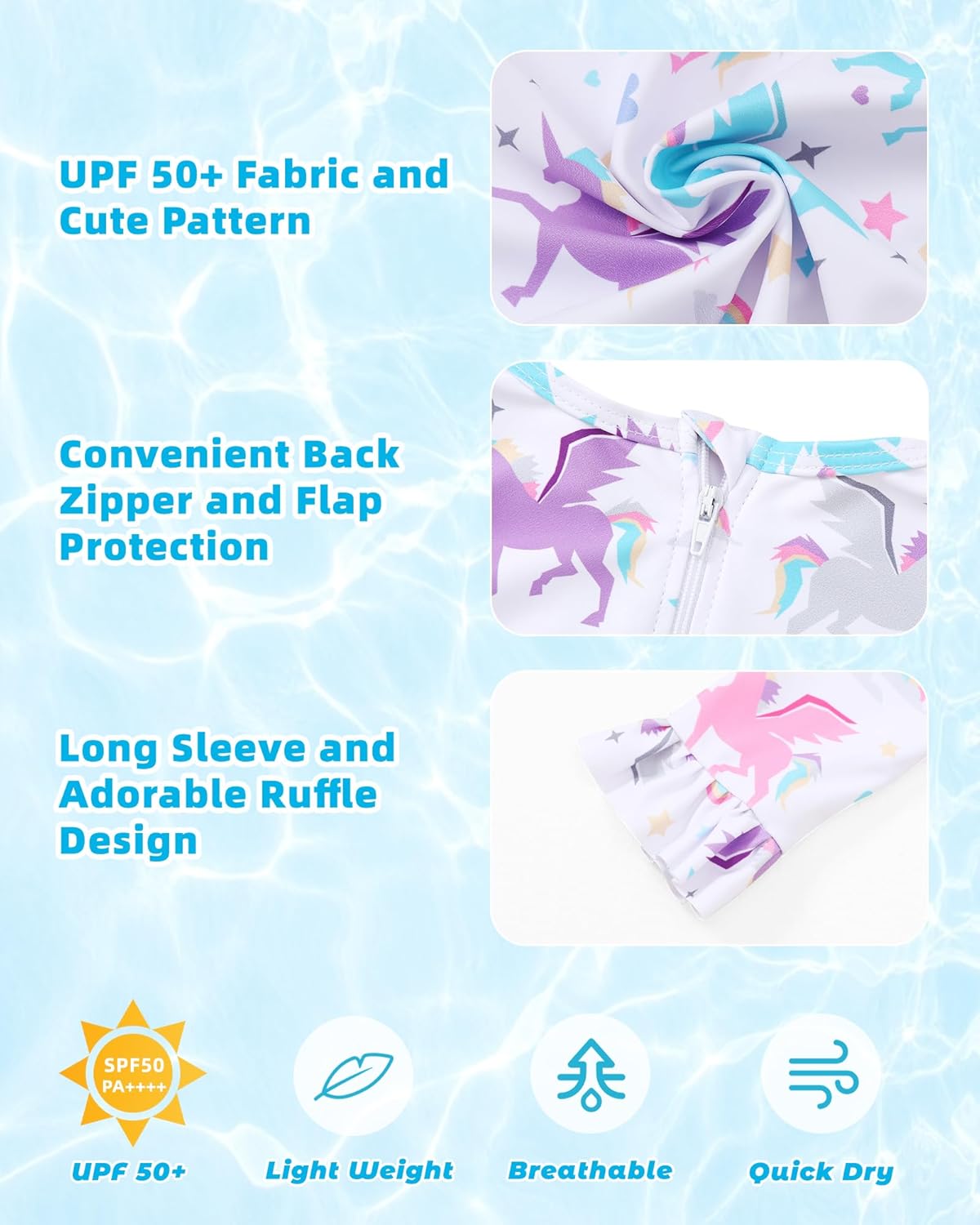 Girls One Piece Swimsuits Long Sleeve Ruffle Zipper Bathing Suit Cute Kids UPF 50+ Rashguard Swimwear 1-6 Years - Image 3