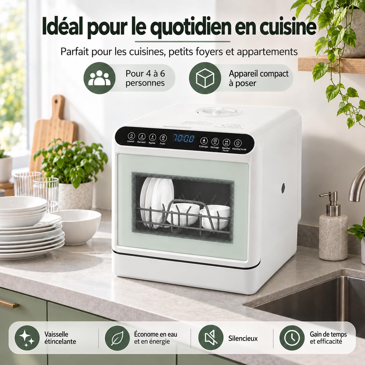 Lavavajillas de mesa de 1100 W, 6 L, mini lavavajillas, camping, 4