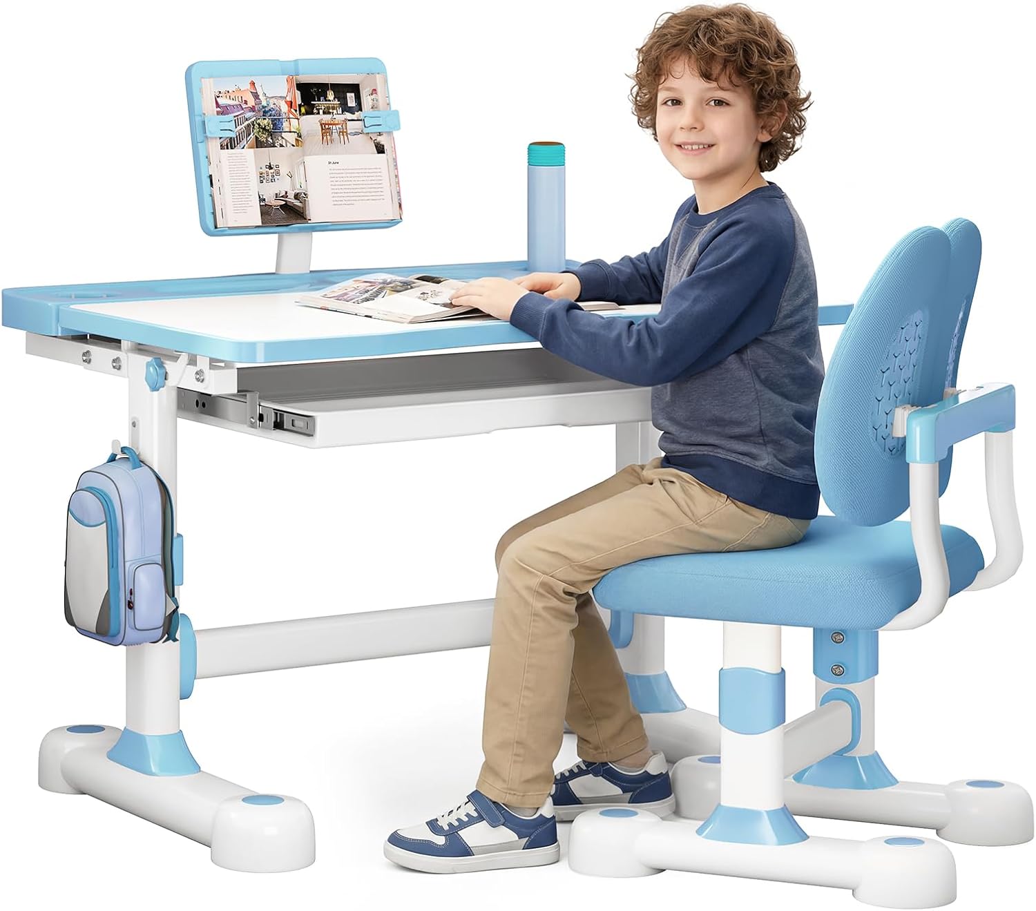 Kids Desk and Chair Set, Height Adjustable Study Desk with 0-50° Tiltable Desktop, Ergonomic Chair, Built-in Storage Drawer and Book Stand, Writing Drawing Table for Kids Ages 3-12 (Blue)