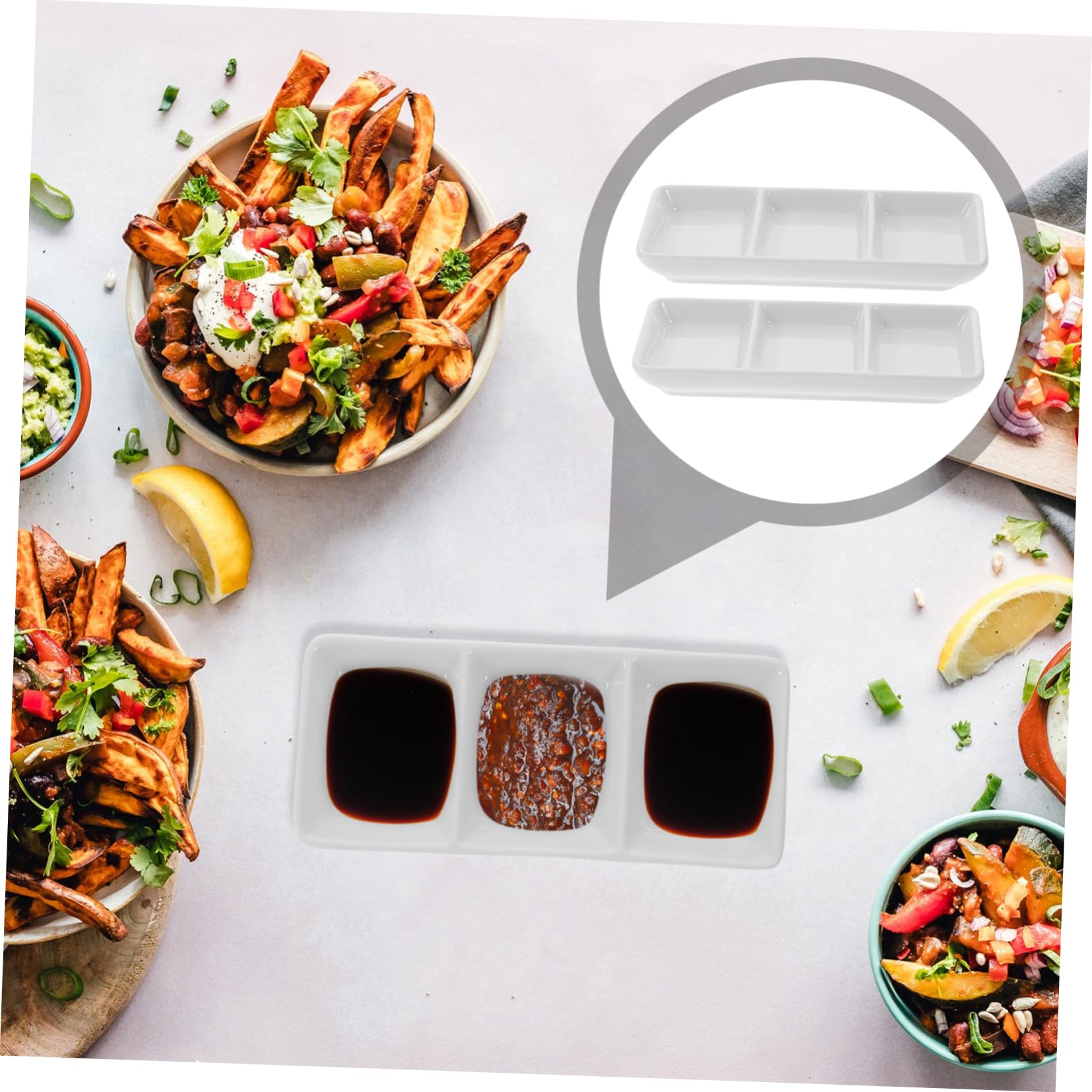 BESTonZON Lot de 5 mini assiettes à trois grilles - Petits bols en verre - Soucoupes à ketchup - Lot de 3 bols à sauce en céramique - Petit -