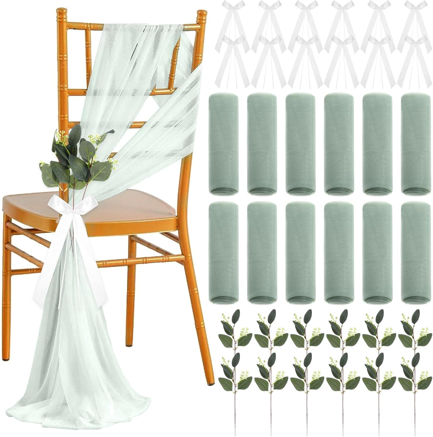 24 Sets Wedding Aisle Decorations for Ceremony Set Wedding Chair Decorations White Ribbon Bows Artificial Eucalyptus Stem Chair Sashes for Weddings Party Bench Church Pew Aisle Decor (Elegant White)