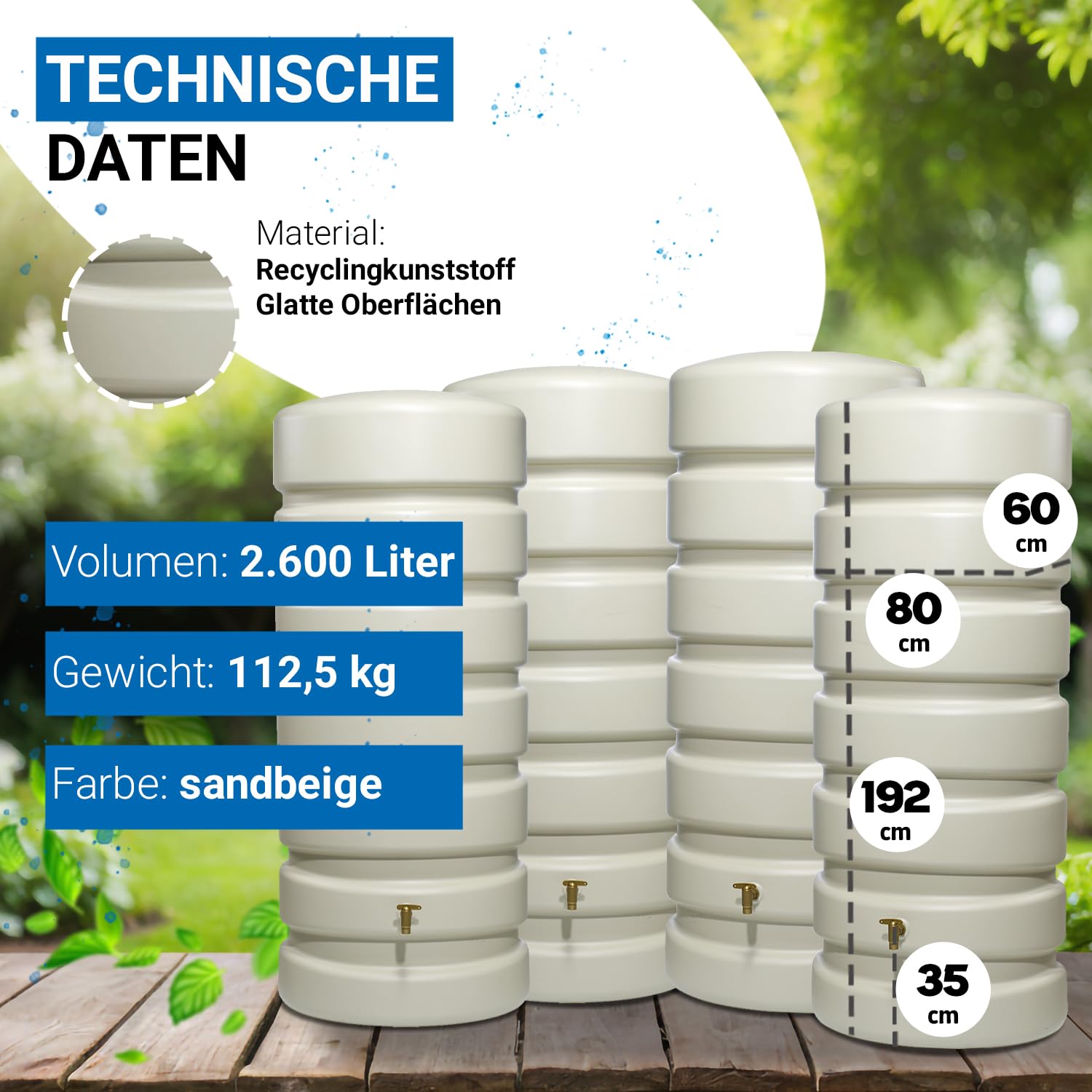 4rain Classic Regentonne-Set 2600 L sandbeige, 4 x Classic 650 Liter | inkl. Verbinder, Wassertank, Fass, Regenfass, Regenwassertonne, Regenwassertank, Wasserbehälter, Wassertonne, Wasserfass