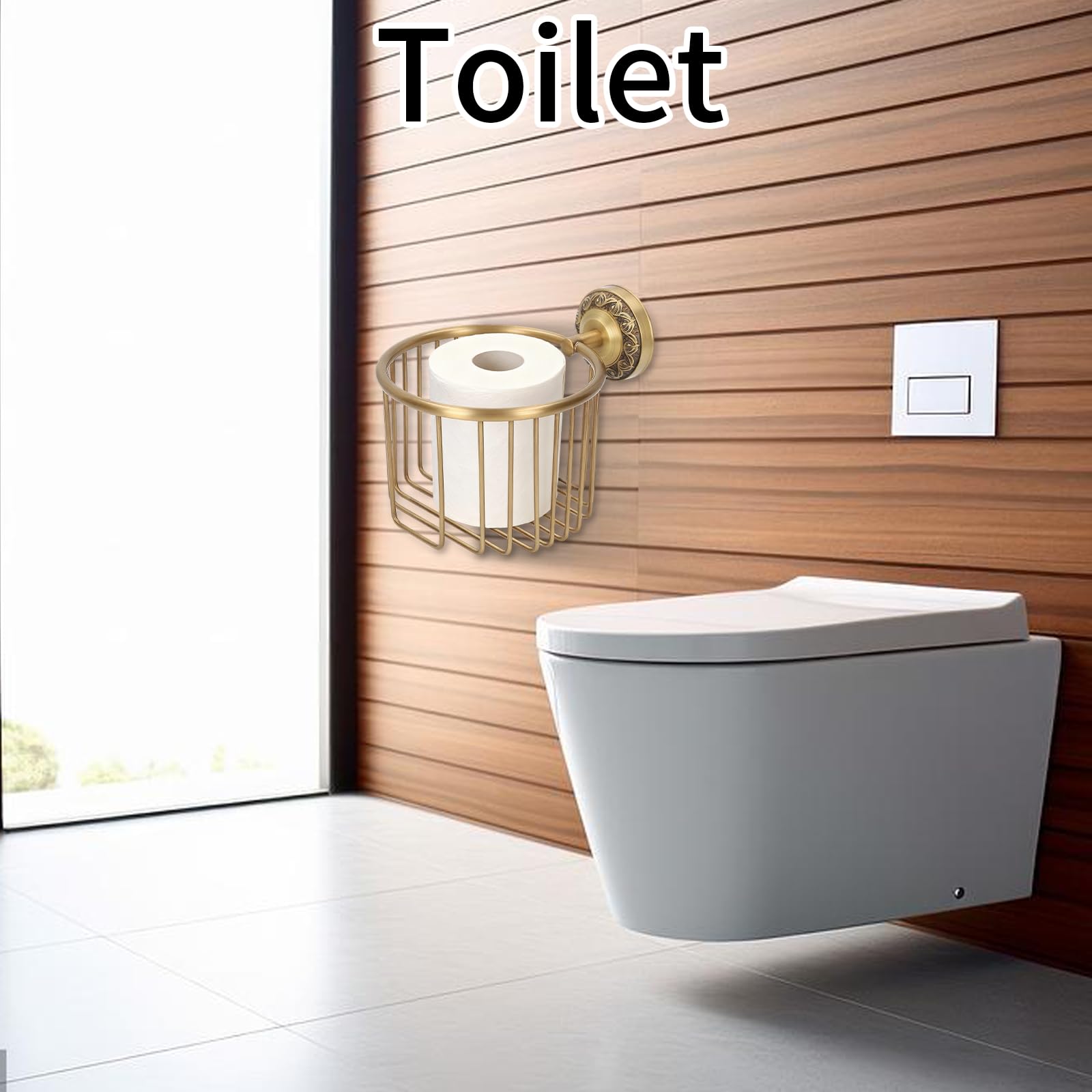 Vintage Toilet Paper Basket, Antique Brass Wall Mounted Tissue Paper Holder with Stable Metal Stand, Bathroom Decor, for Plant, Flowerpot and Roll — Amazon image 4