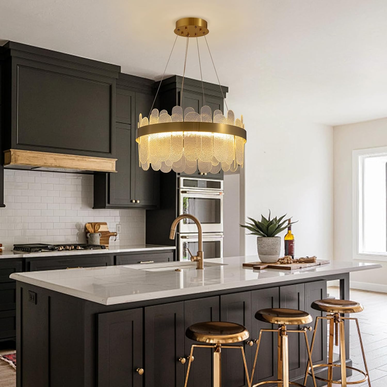 Gold Chandeliers, Modern LED Crystal Glass Pendant Ceiling Light Fixtures, 24” Adjustable Luxury 2-Tier Hanging Chandelier for Dining Room, Foyer, Living Room, Bedroom