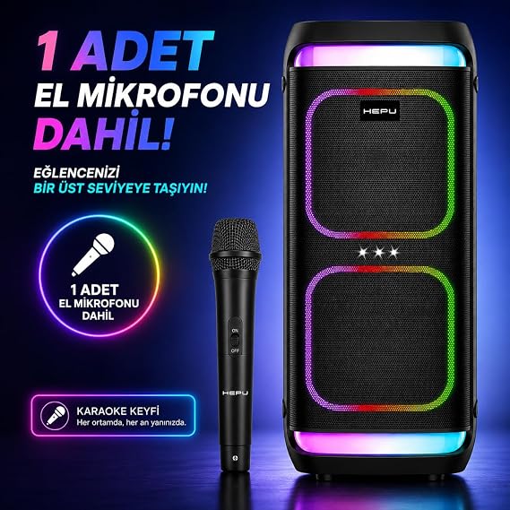 HEPU HP-986 Partybox Bluetooth Hoparlör – 2×8” Hoparlör 24W Güç RGB Işık TWS Destekli